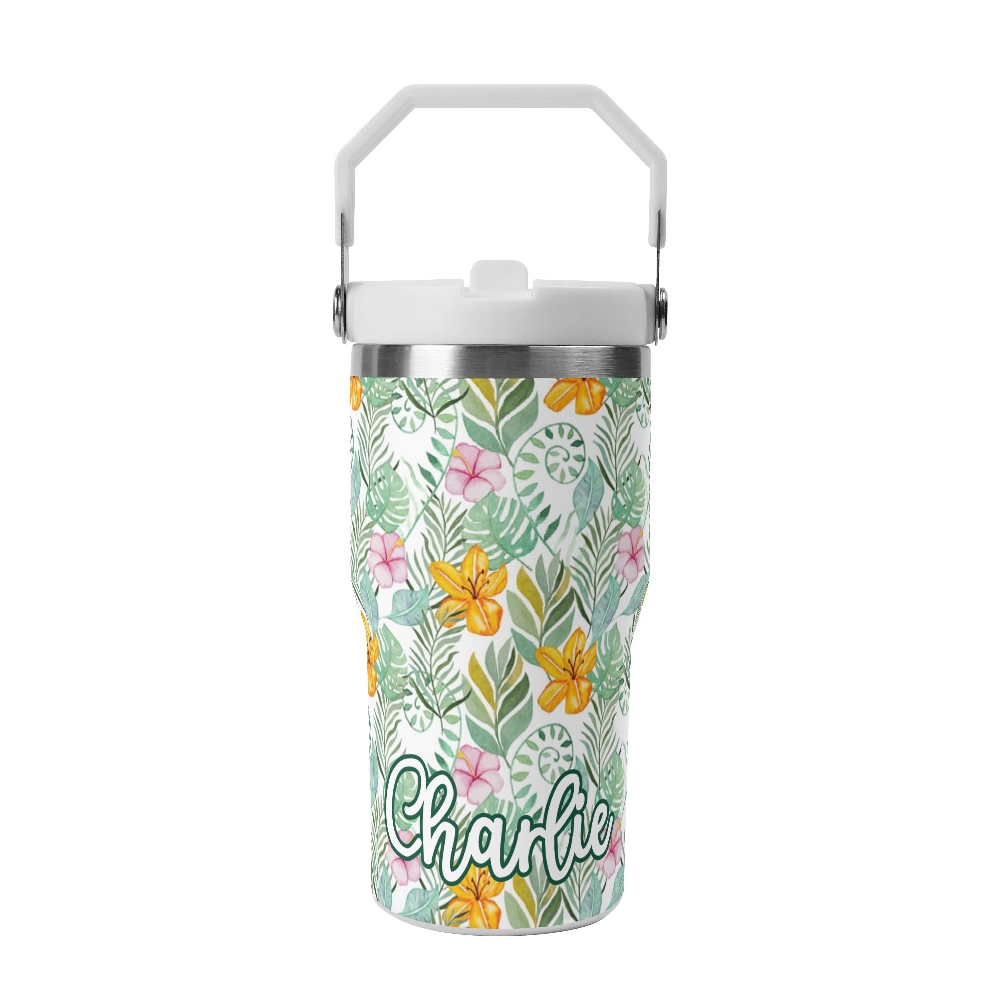 Personalised - Tropical Flowers And Leaves - 20oz Stainless Steel Tumbler Screw On Lid With Straw Default Title Personalised 20oz Tumbler with Top Handle Plants Printed Offshore