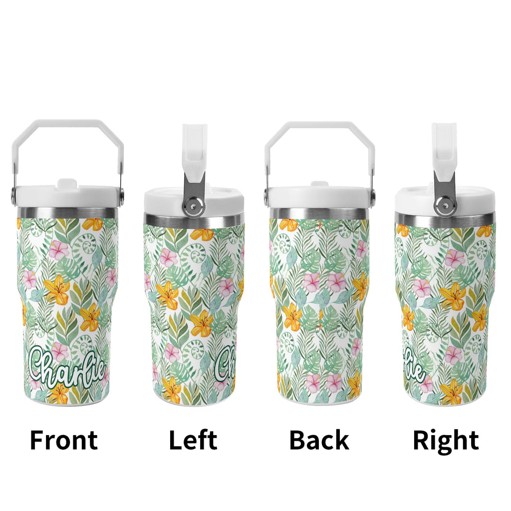 Personalised Tropical Flowers And Leaves 20oz Stainless Steel Tumbler Screw On Lid With Straw Personalised 20oz Tumbler with Top Handle Plants Printed Offshore