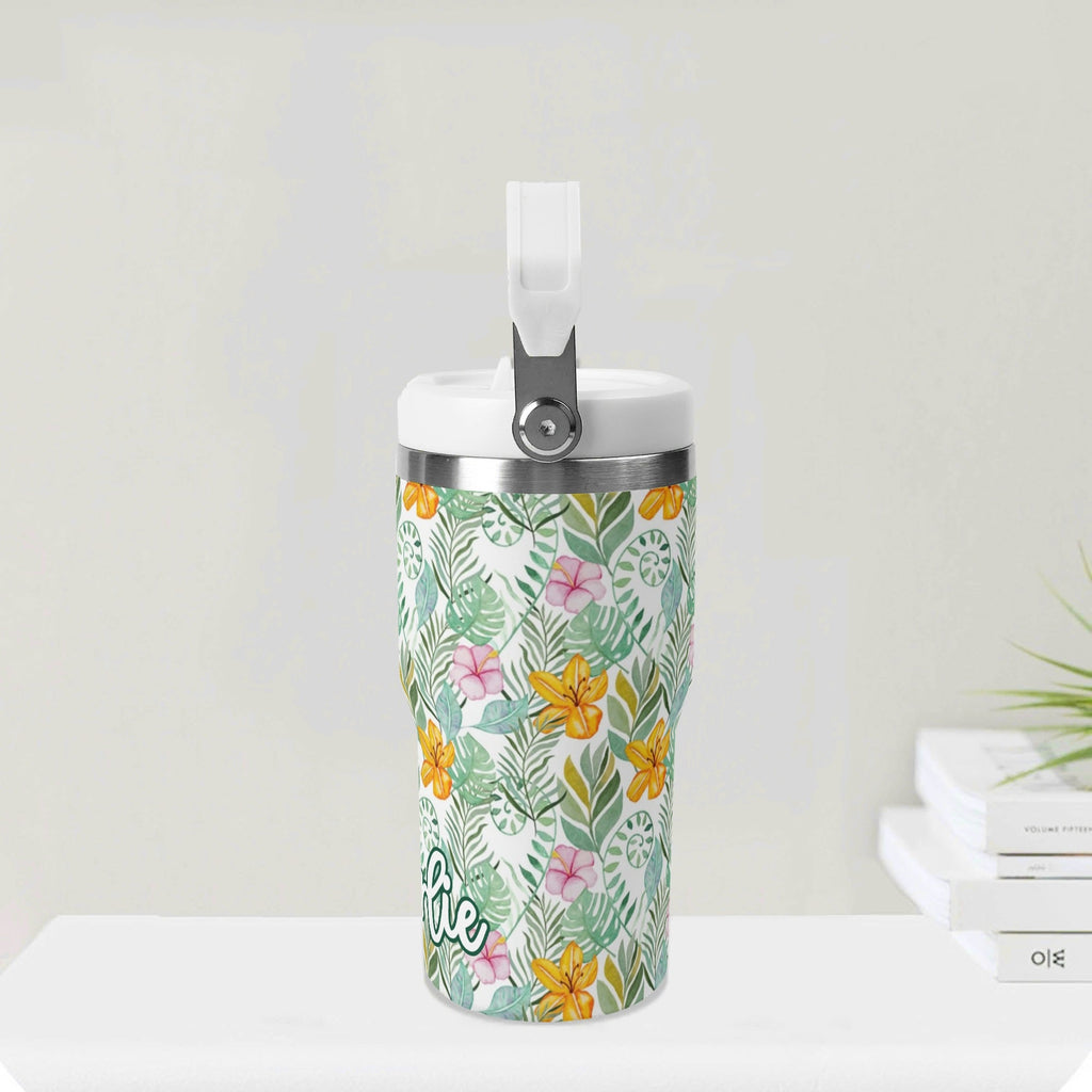 Personalised Tropical Flowers And Leaves 20oz Stainless Steel Tumbler Screw On Lid With Straw Personalised 20oz Tumbler with Top Handle Plants Printed Offshore