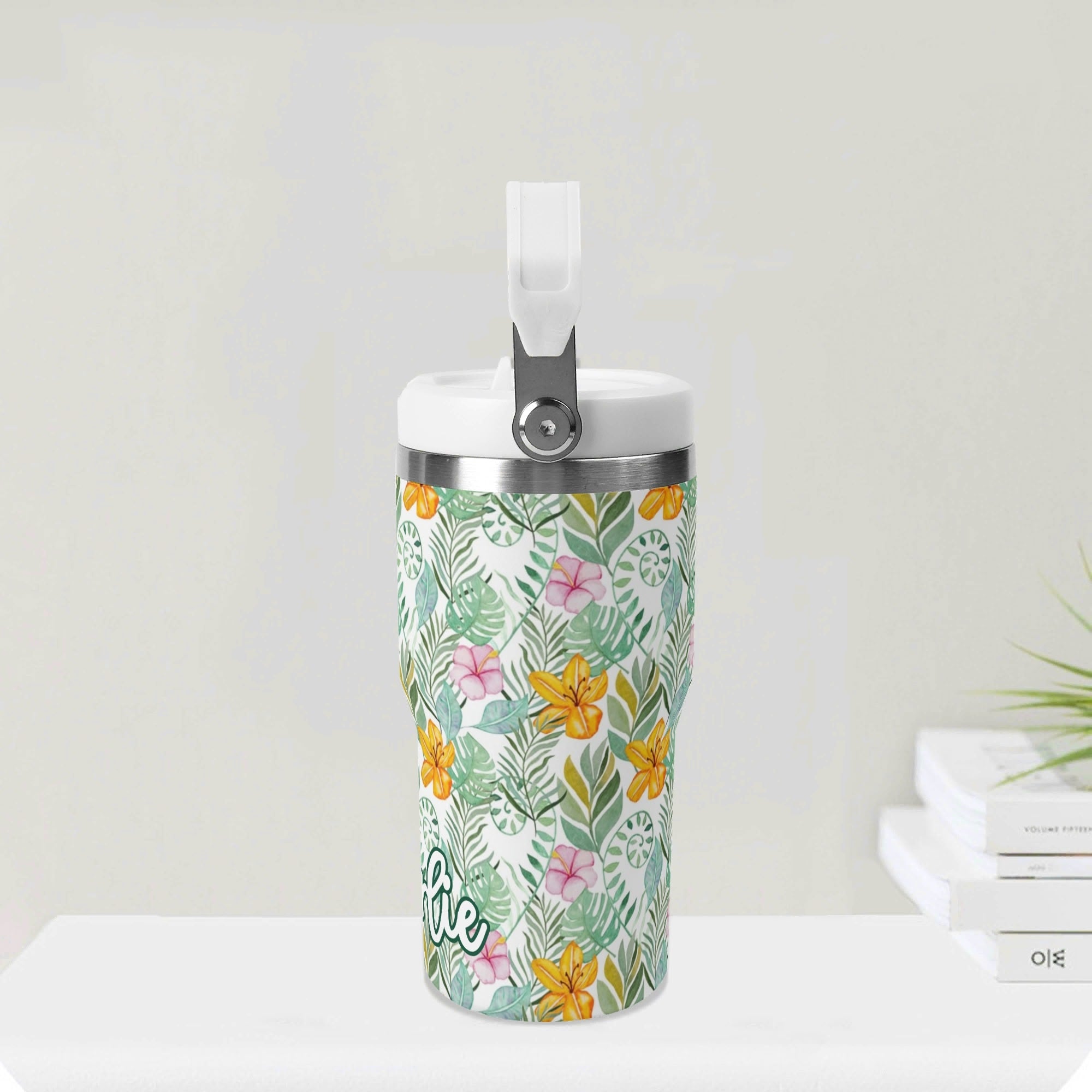 Personalised - Tropical Flowers And Leaves - 20oz Stainless Steel Tumbler Screw On Lid With Straw Personalised 20oz Tumbler with Top Handle Plants Printed Offshore