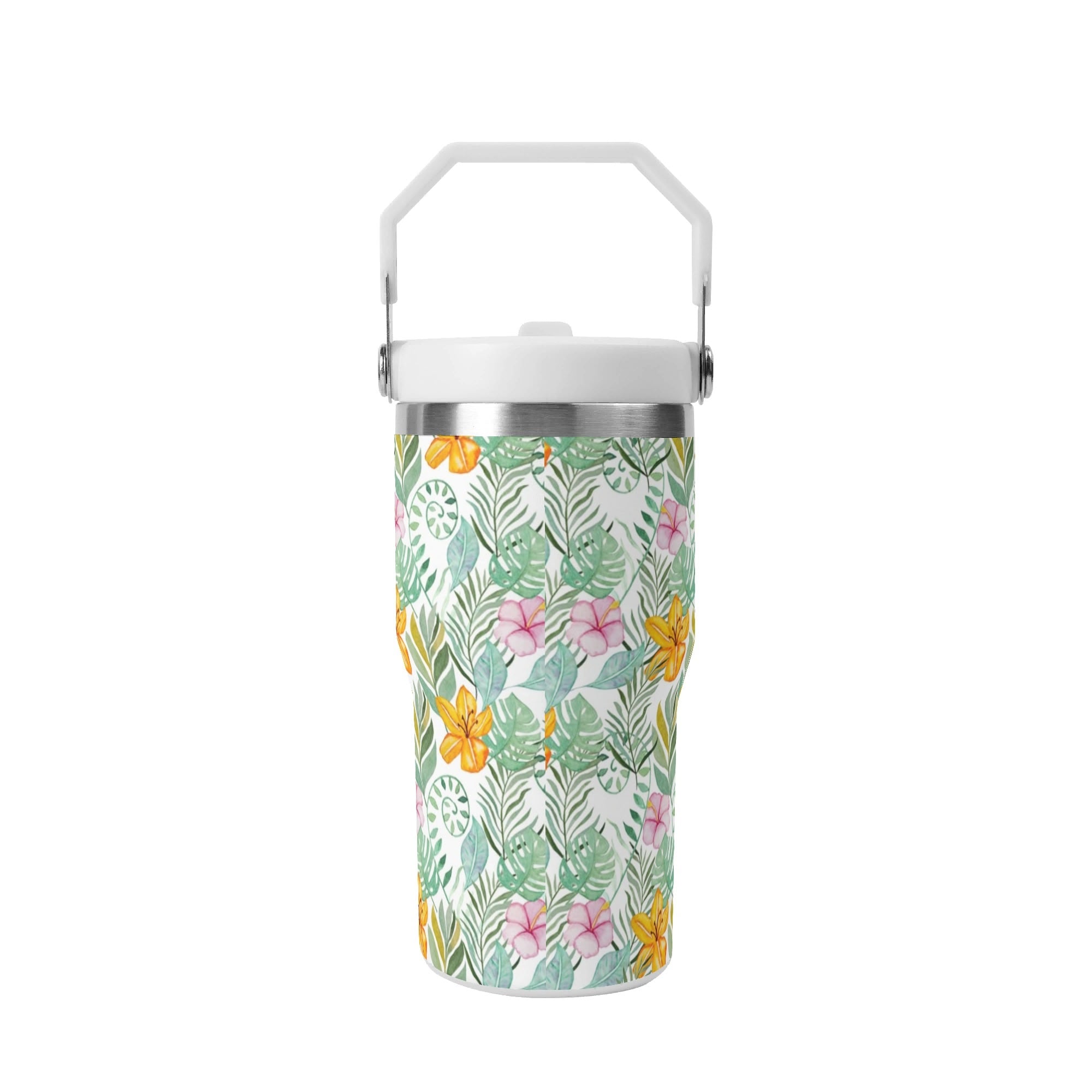 Personalised - Tropical Flowers And Leaves - 20oz Stainless Steel Tumbler Screw On Lid With Straw Personalised 20oz Tumbler with Top Handle Plants Printed Offshore