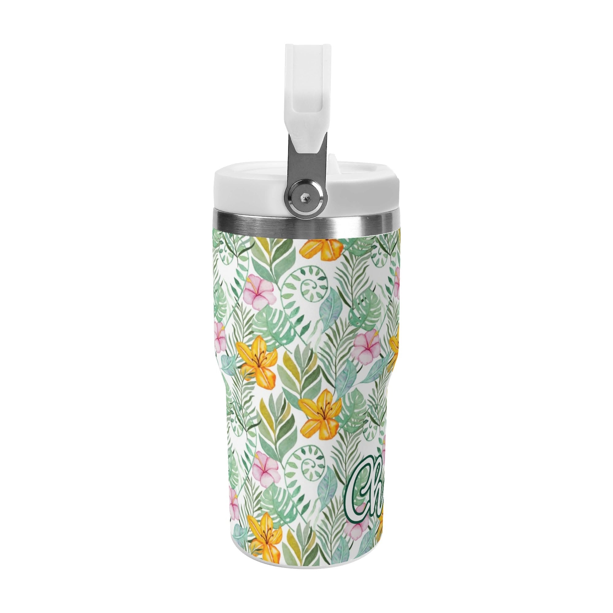 Personalised Tropical Flowers And Leaves 20oz Stainless Steel Tumbler Screw On Lid With Straw Personalised 20oz Tumbler with Top Handle Plants Printed Offshore