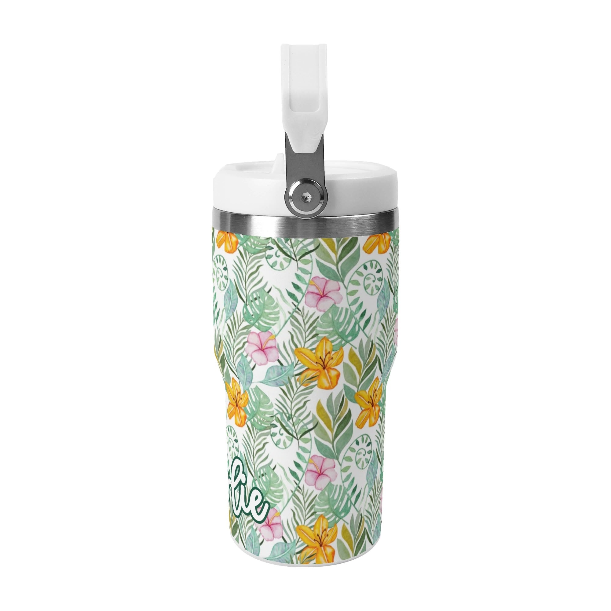 Personalised Tropical Flowers And Leaves 20oz Stainless Steel Tumbler Screw On Lid With Straw Personalised 20oz Tumbler with Top Handle Plants Printed Offshore