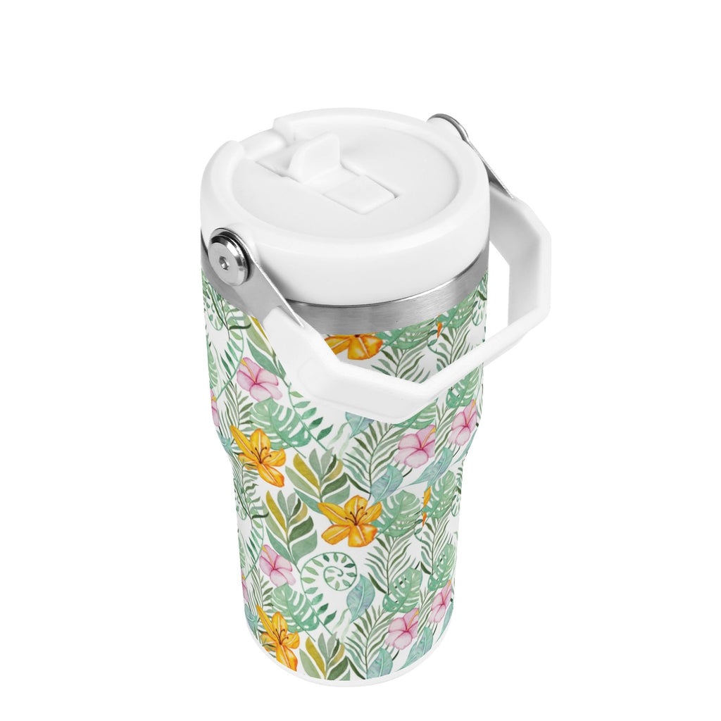 Personalised Tropical Flowers And Leaves 20oz Stainless Steel Tumbler Screw On Lid With Straw Personalised 20oz Tumbler with Top Handle Plants Printed Offshore