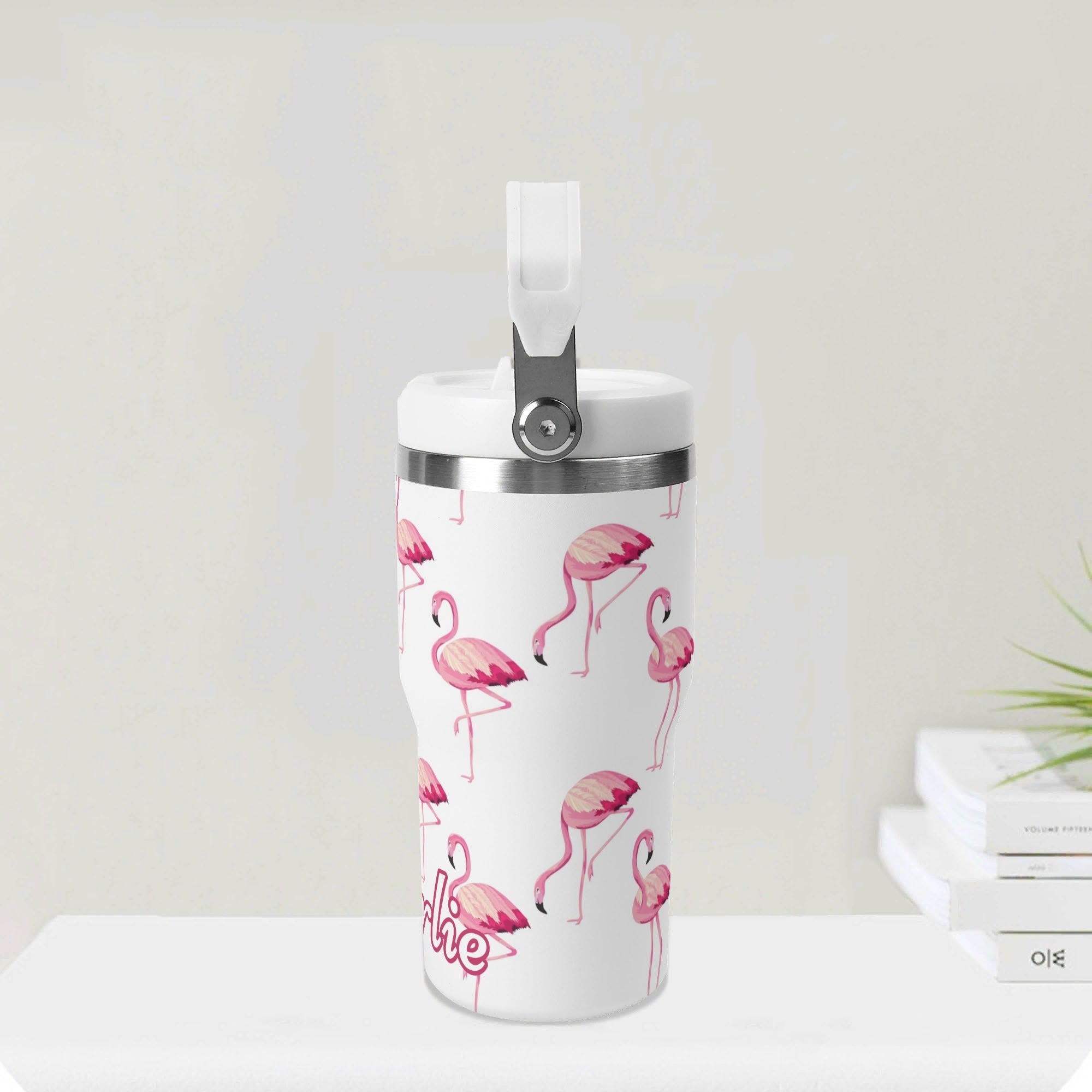 Personalised - Flamingo - 20oz Stainless Steel Tumbler Screw On Lid With Straw Personalised 20oz Tumbler with Top Handle animal Printed Offshore