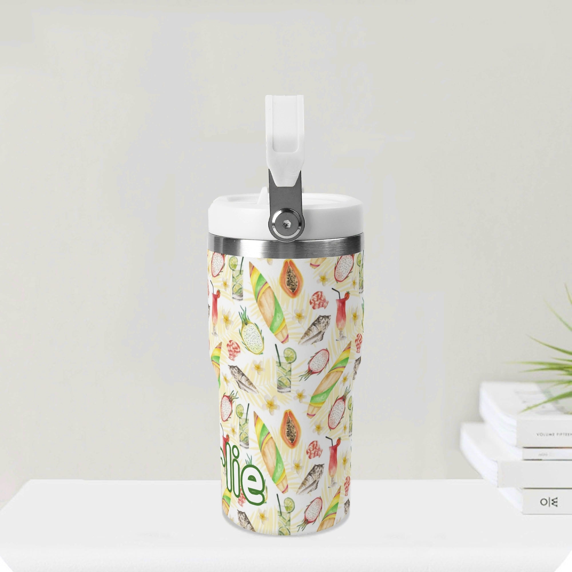 Personalised - Tropical Surf - 20oz Stainless Steel Tumbler Screw On Lid With Straw Personalised 20oz Tumbler with Top Handle Printed Offshore Surf
