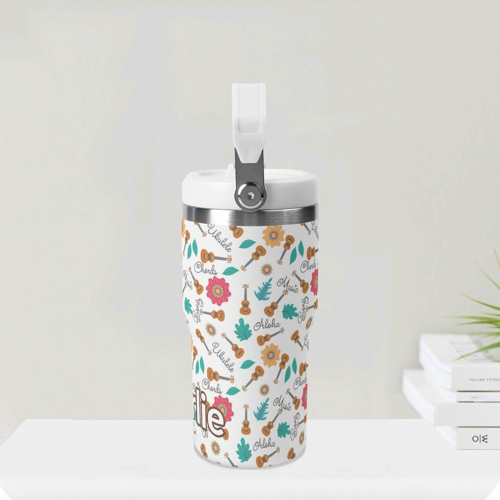 Personalised Ukulele 20oz Stainless Steel Tumbler Screw On Lid With Straw Personalised 20oz Tumbler with Top Handle Music Printed Offshore