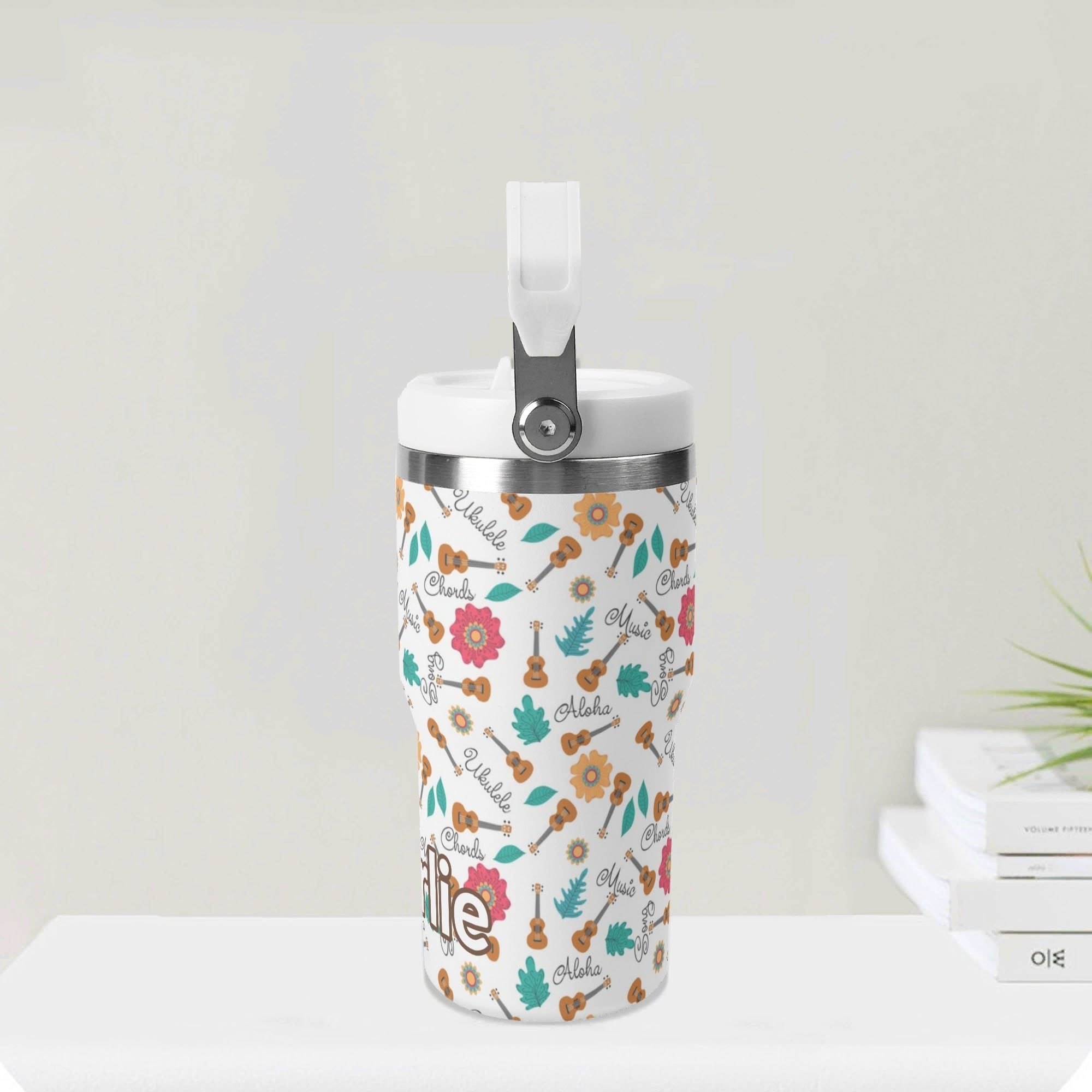 Personalised - Ukulele - 20oz Stainless Steel Tumbler Screw On Lid With Straw Personalised 20oz Tumbler with Top Handle Music Printed Offshore