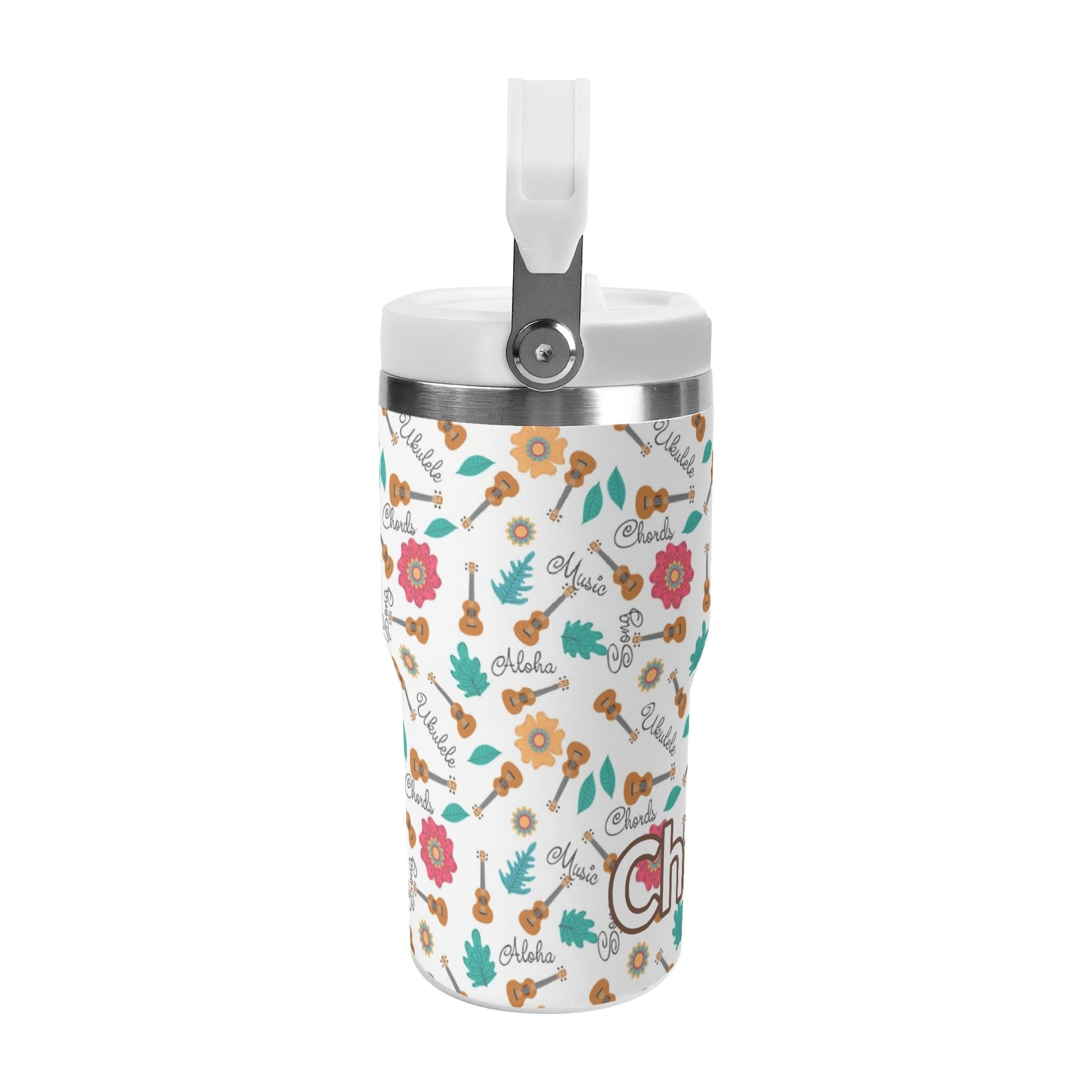 Personalised Ukulele 20oz Stainless Steel Tumbler Screw On Lid With Straw Personalised 20oz Tumbler with Top Handle Music Printed Offshore