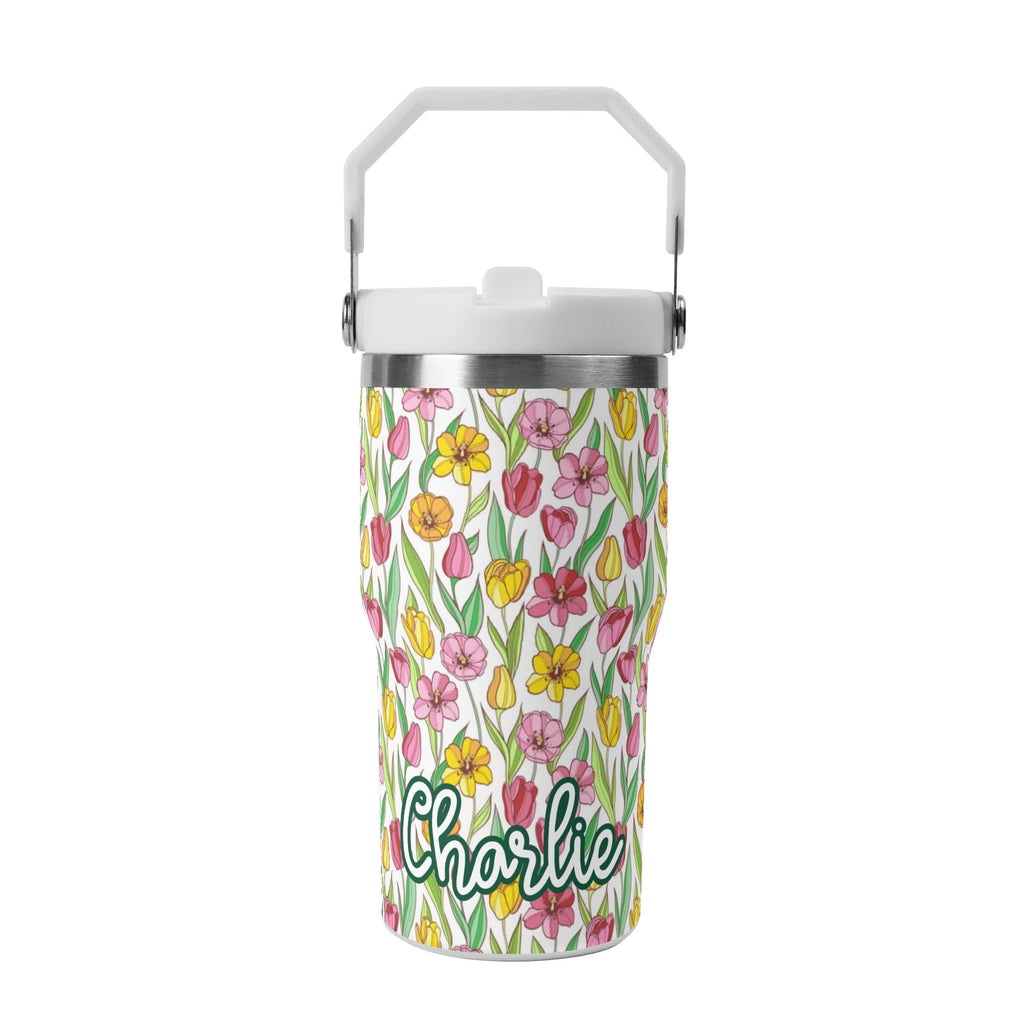Personalised Pink And Yellow Floral 20oz Stainless Steel Tumbler Screw On Lid With Straw Default Title Personalised 20oz Tumbler with Top Handle Plants Printed Offshore