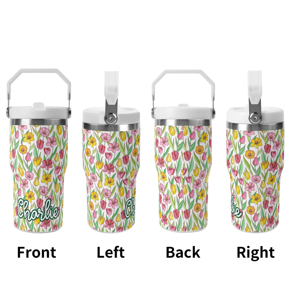 Personalised Pink And Yellow Floral 20oz Stainless Steel Tumbler Screw On Lid With Straw Personalised 20oz Tumbler with Top Handle Plants Printed Offshore