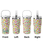 Personalised Pink And Yellow Floral 20oz Stainless Steel Tumbler Screw On Lid With Straw Personalised 20oz Tumbler with Top Handle Plants Printed Offshore
