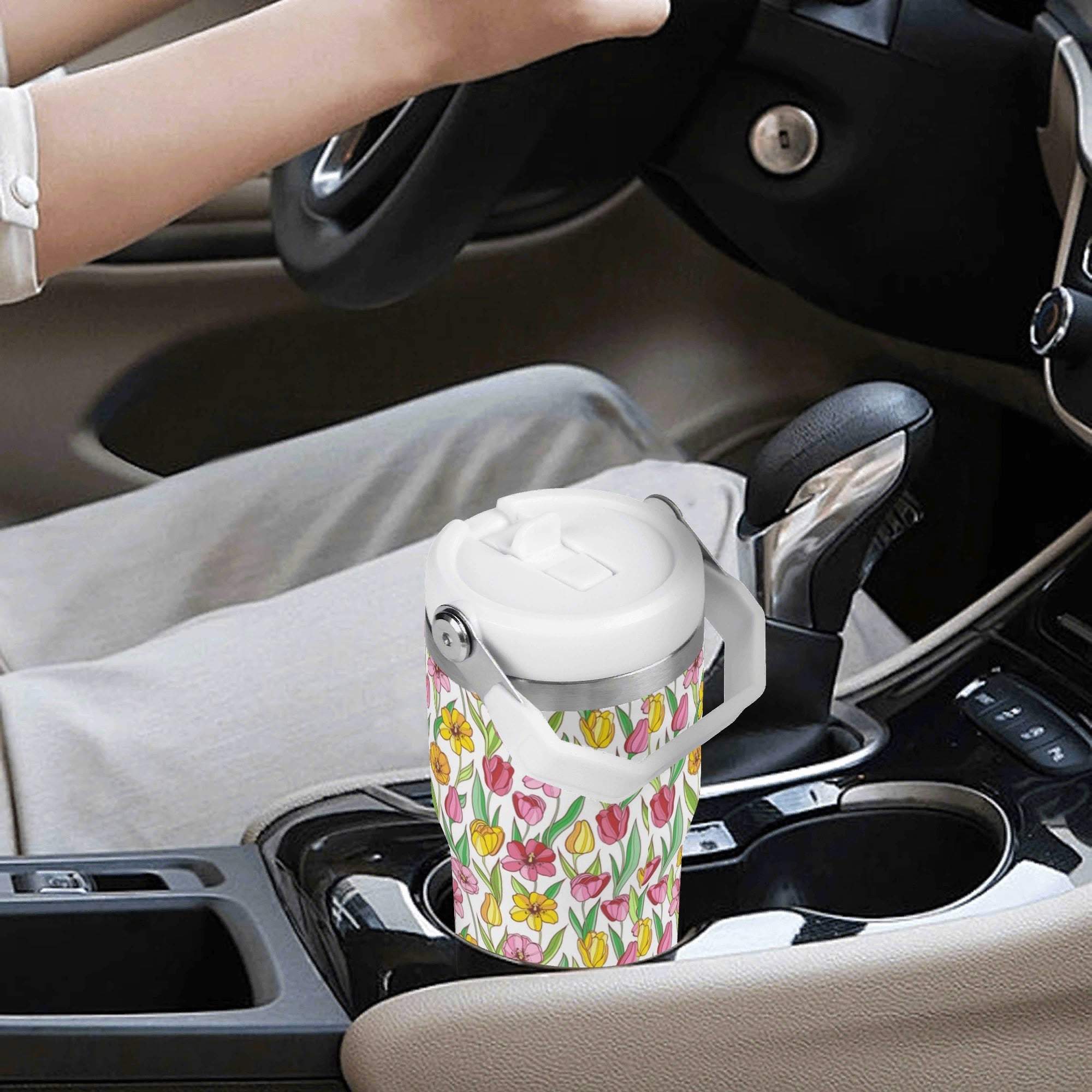 Personalised - Pink And Yellow Floral - 20oz Stainless Steel Tumbler Screw On Lid With Straw Personalised 20oz Tumbler with Top Handle Plants Printed Offshore