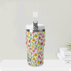 Personalised Pink And Yellow Floral 20oz Stainless Steel Tumbler Screw On Lid With Straw Personalised 20oz Tumbler with Top Handle Plants Printed Offshore