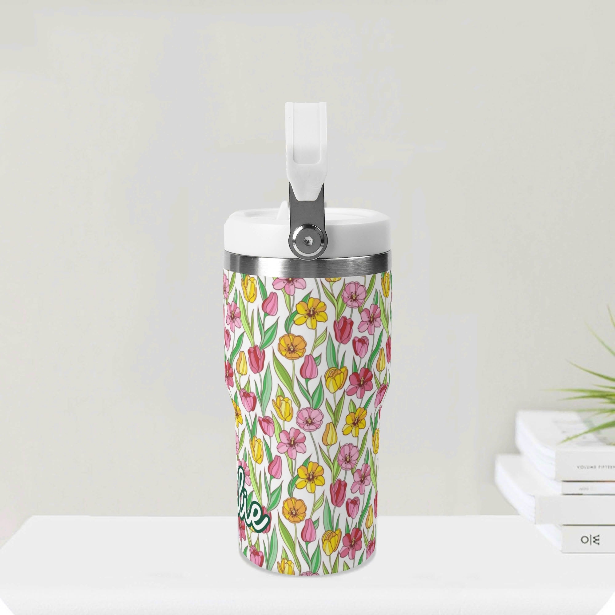 Personalised - Pink And Yellow Floral - 20oz Stainless Steel Tumbler Screw On Lid With Straw Personalised 20oz Tumbler with Top Handle Plants Printed Offshore
