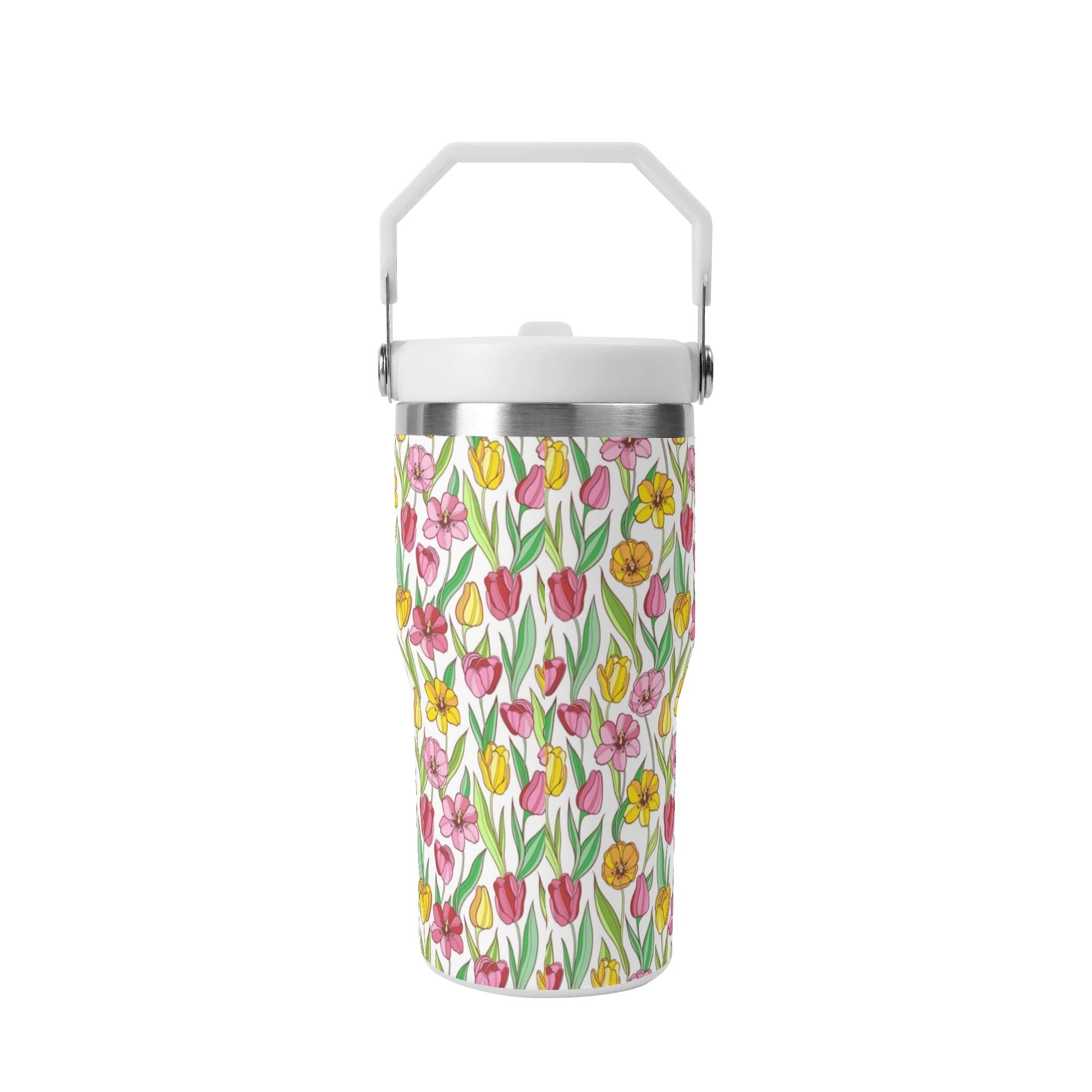 Personalised - Pink And Yellow Floral - 20oz Stainless Steel Tumbler Screw On Lid With Straw Personalised 20oz Tumbler with Top Handle Plants Printed Offshore