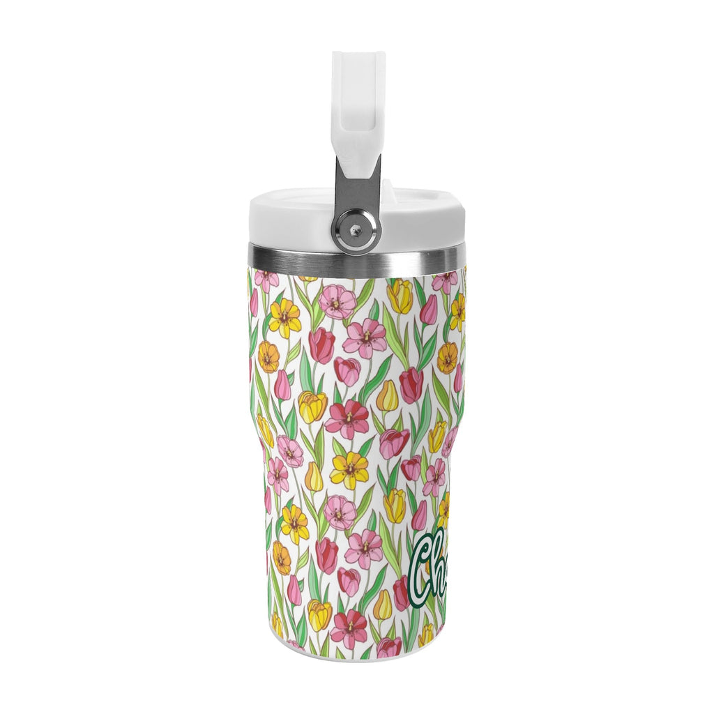 Personalised Pink And Yellow Floral 20oz Stainless Steel Tumbler Screw On Lid With Straw Personalised 20oz Tumbler with Top Handle Plants Printed Offshore