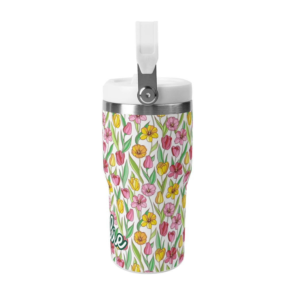 Personalised Pink And Yellow Floral 20oz Stainless Steel Tumbler Screw On Lid With Straw Personalised 20oz Tumbler with Top Handle Plants Printed Offshore