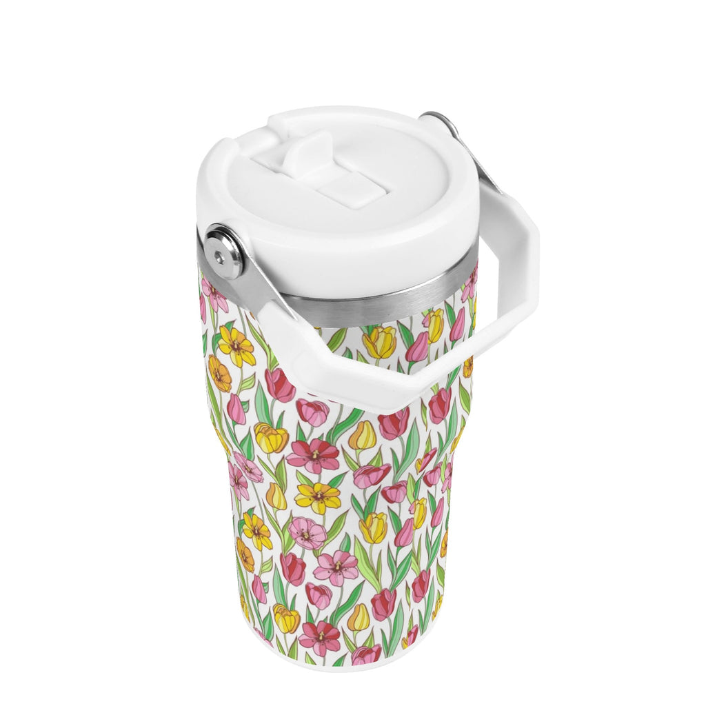 Personalised Pink And Yellow Floral 20oz Stainless Steel Tumbler Screw On Lid With Straw Personalised 20oz Tumbler with Top Handle Plants Printed Offshore