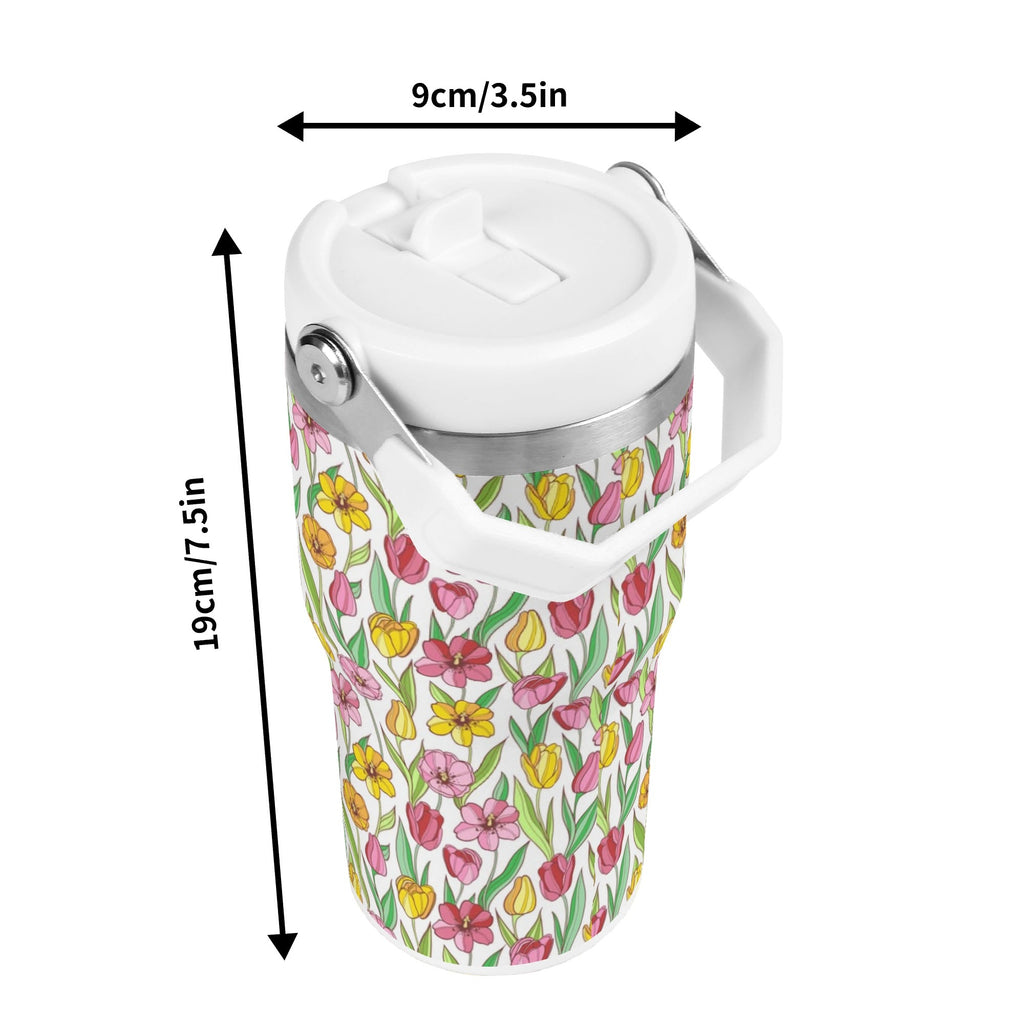Personalised Pink And Yellow Floral 20oz Stainless Steel Tumbler Screw On Lid With Straw Personalised 20oz Tumbler with Top Handle Plants Printed Offshore
