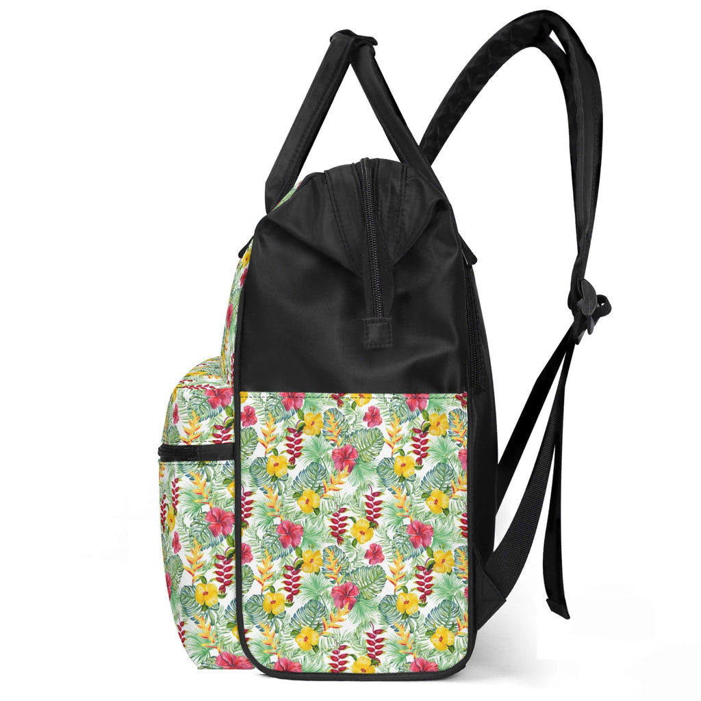Tropical Flowers On White Multi Pocket Backpack Multi Pocket Backpack Plants Printed Offshore