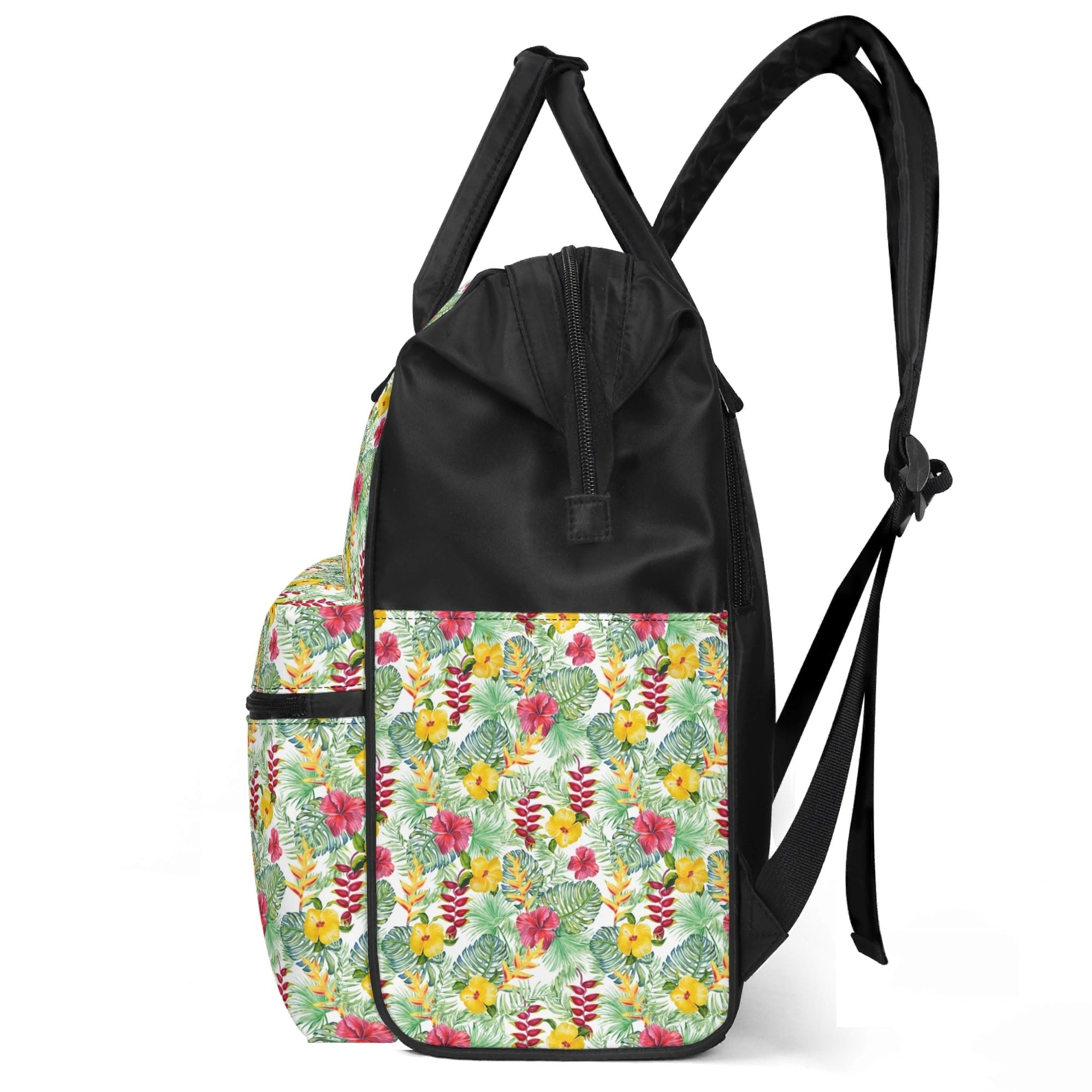 Tropical Flowers On White Multi Pocket Backpack Multi Pocket Backpack Plants Printed Offshore
