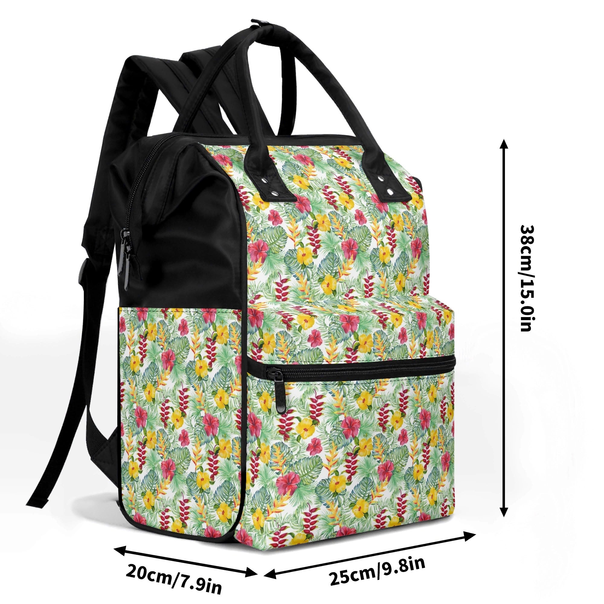 Tropical Flowers On White Multi Pocket Backpack Multi Pocket Backpack Plants Printed Offshore