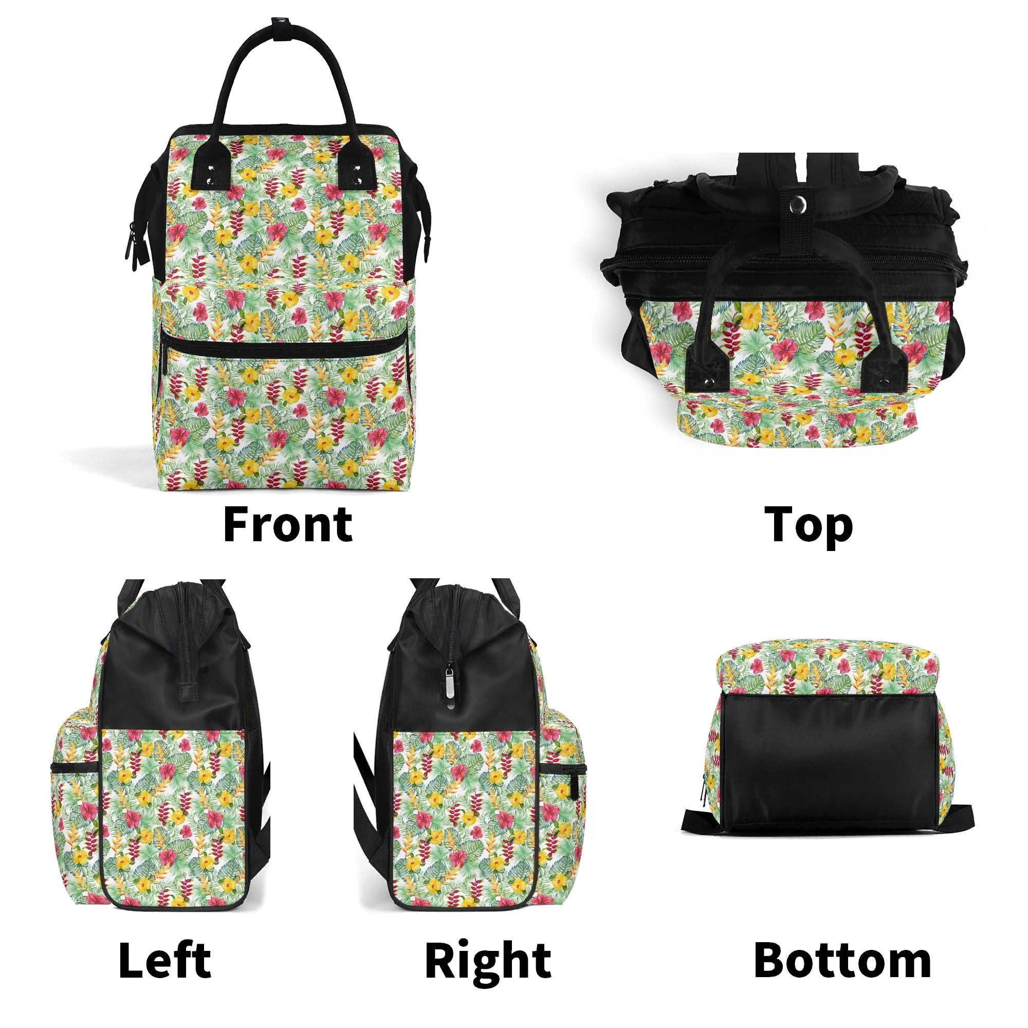 Tropical Flowers On White Multi Pocket Backpack Multi Pocket Backpack Plants Printed Offshore