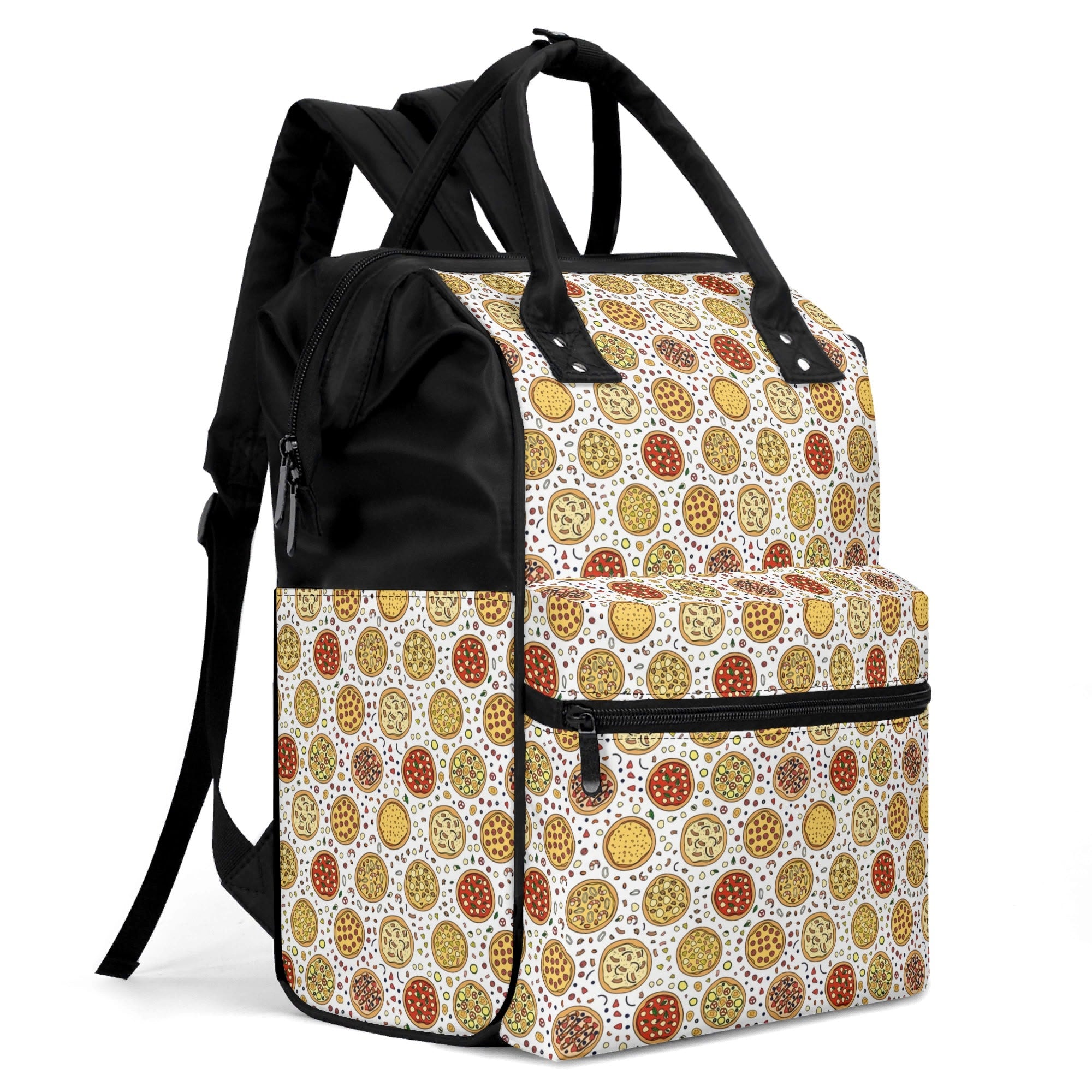 Round Pizzas On White Multi Pocket Backpack Multi Pocket Backpack Food Printed Offshore