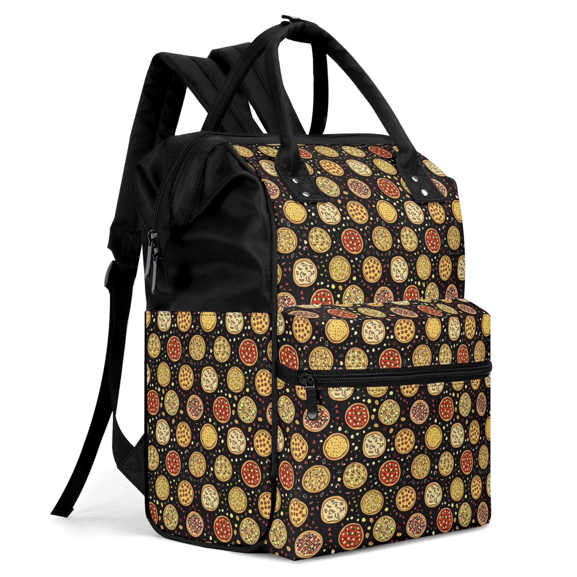 Round Pizzas On Black Multi Pocket Backpack Multi Pocket Backpack Food Printed Offshore