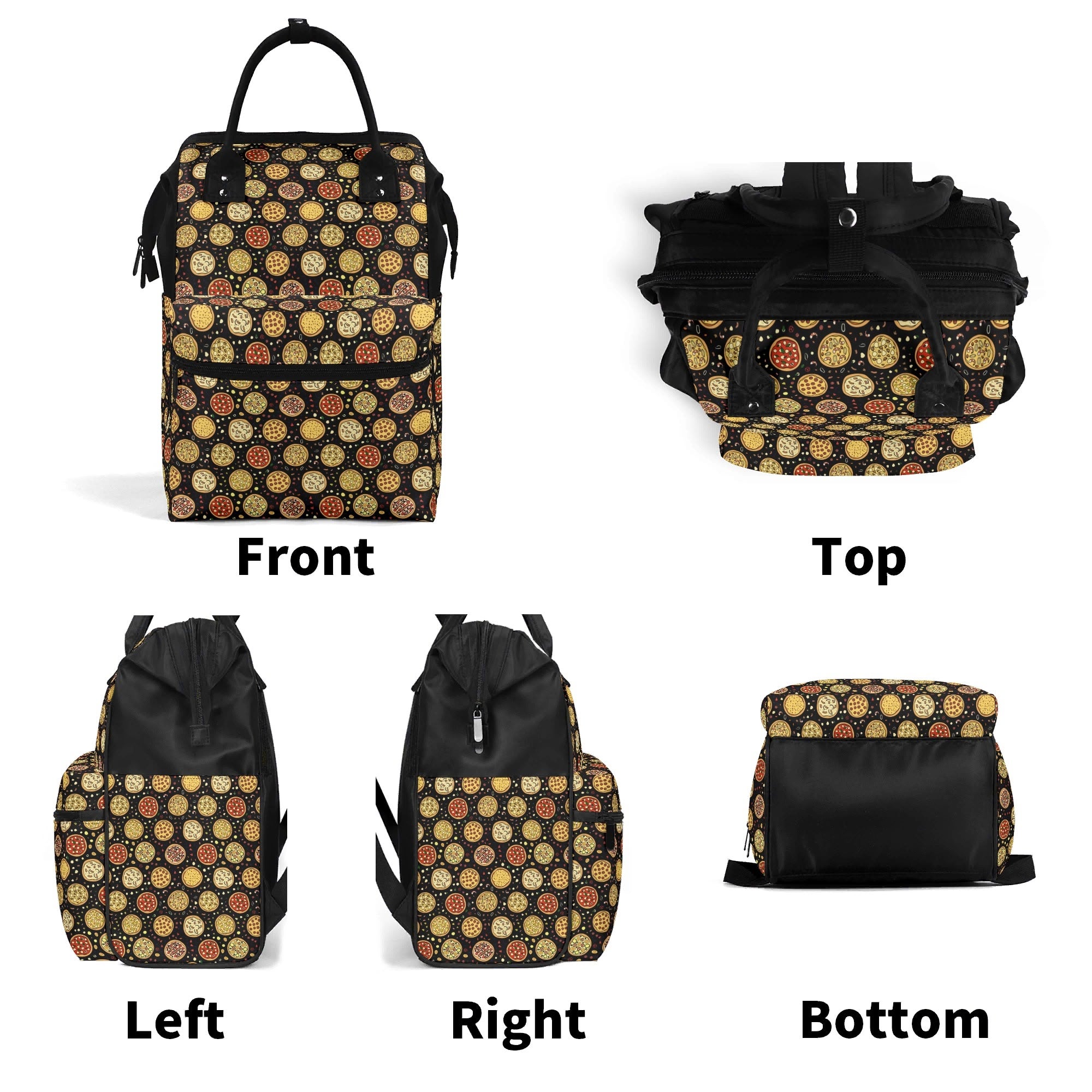 Round Pizzas On Black Multi Pocket Backpack Multi Pocket Backpack Food Printed Offshore