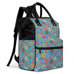 Colourful Doughnuts On Blue Multi Pocket Backpack Multi Pocket Backpack Food Printed Offshore