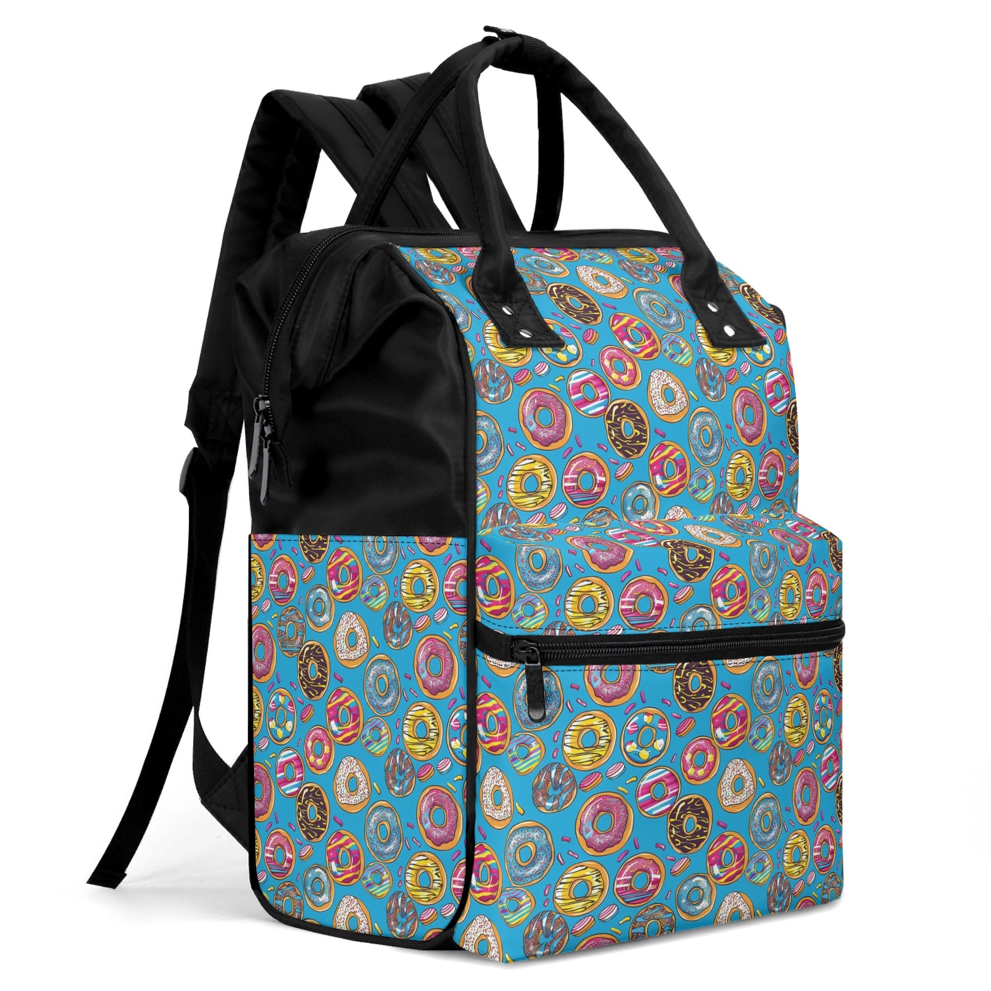 Colourful Doughnuts On Blue Multi Pocket Backpack Multi Pocket Backpack Food Printed Offshore