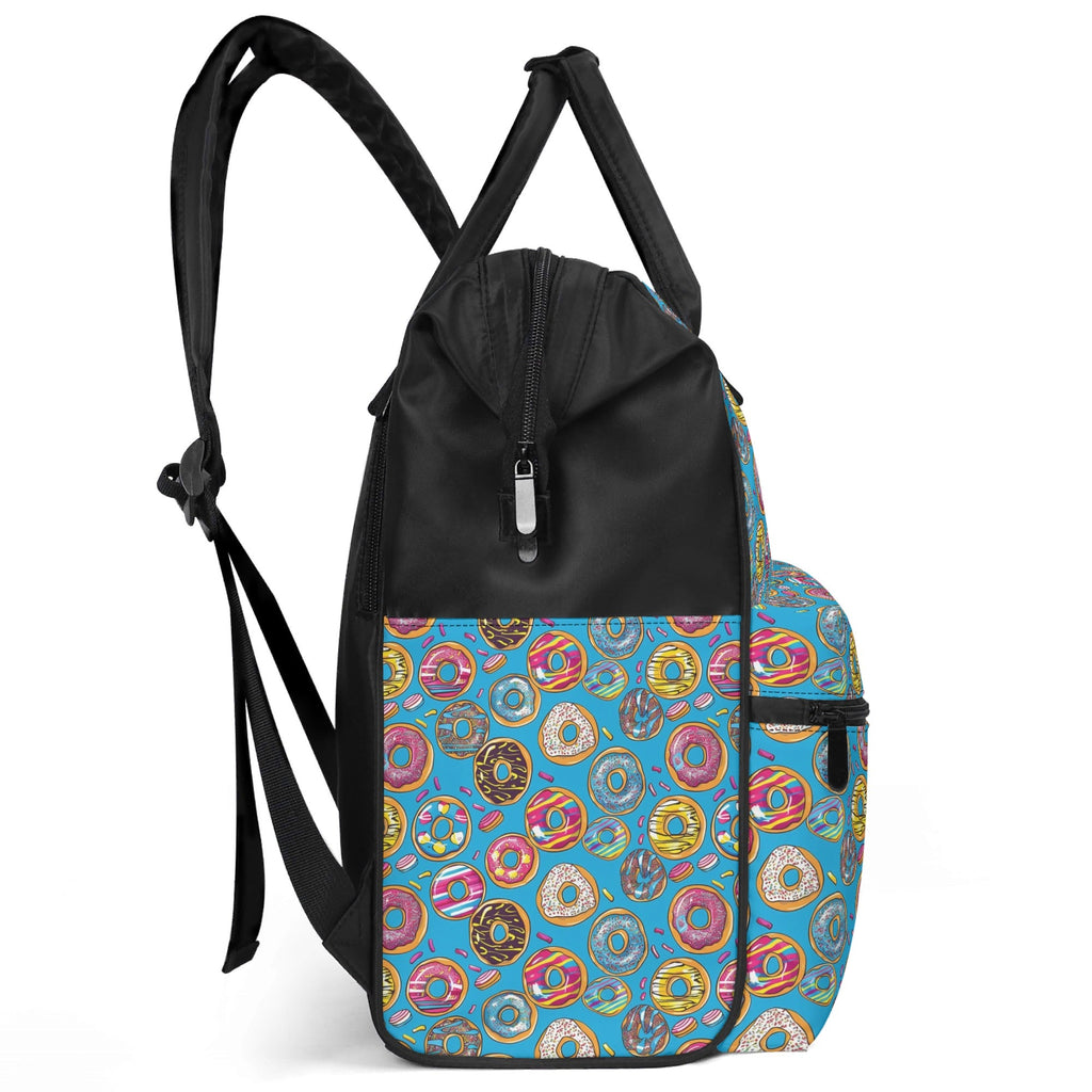 Colourful Doughnuts On Blue Multi Pocket Backpack Multi Pocket Backpack Food Printed Offshore