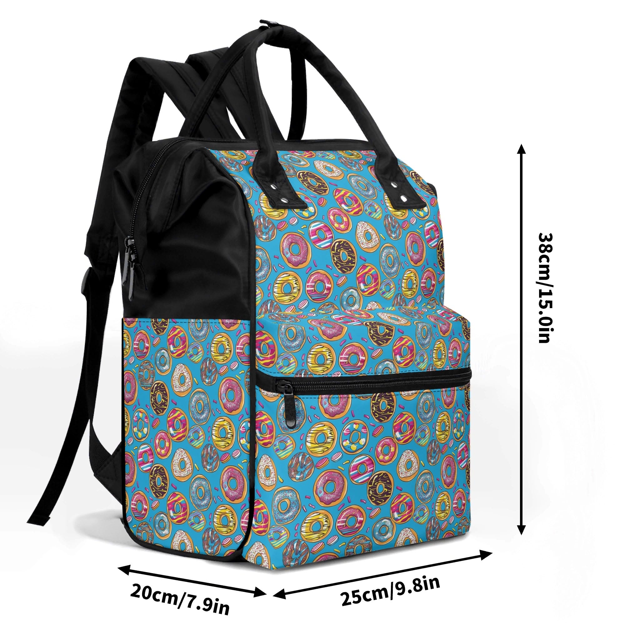 Colourful Doughnuts On Blue Multi Pocket Backpack Multi Pocket Backpack Food Printed Offshore