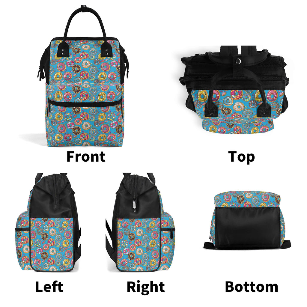Colourful Doughnuts On Blue Multi Pocket Backpack Multi Pocket Backpack Food Printed Offshore