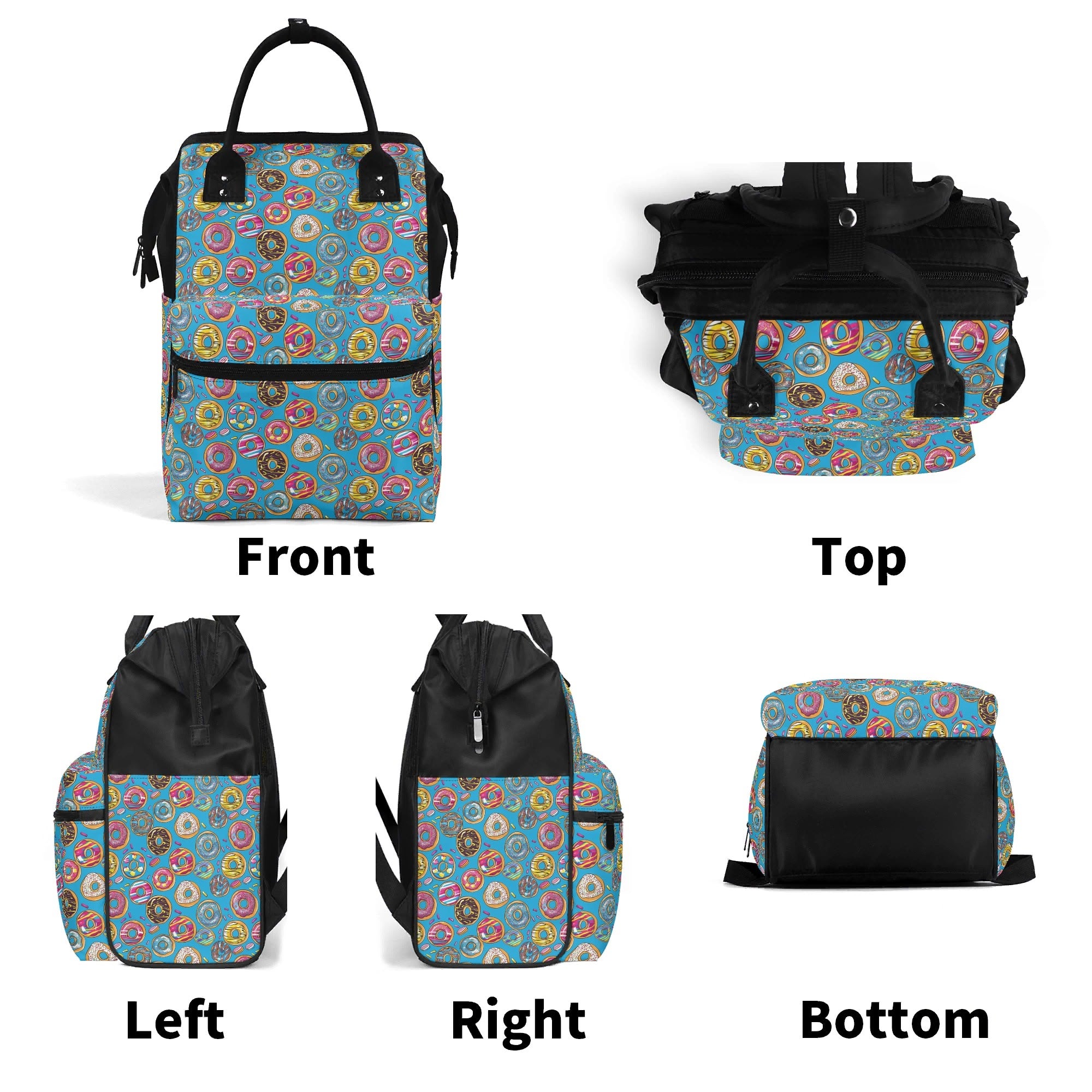 Colourful Doughnuts On Blue Multi Pocket Backpack Multi Pocket Backpack Food Printed Offshore