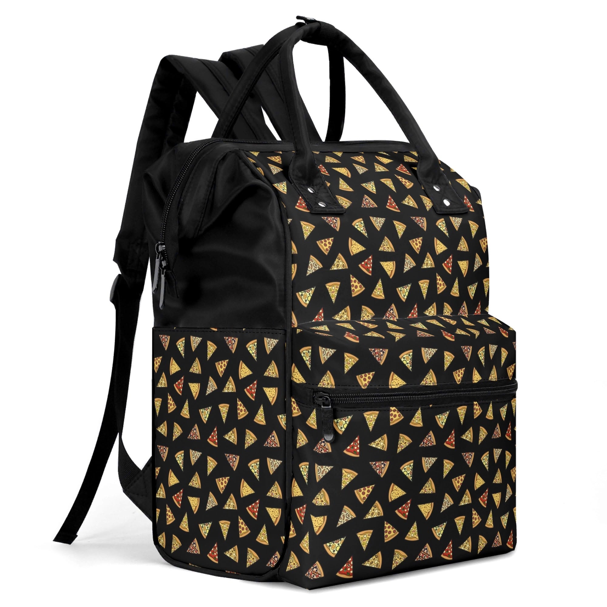 Pizza Slices On Black Multi Pocket Backpack Multi Pocket Backpack Food Printed Offshore