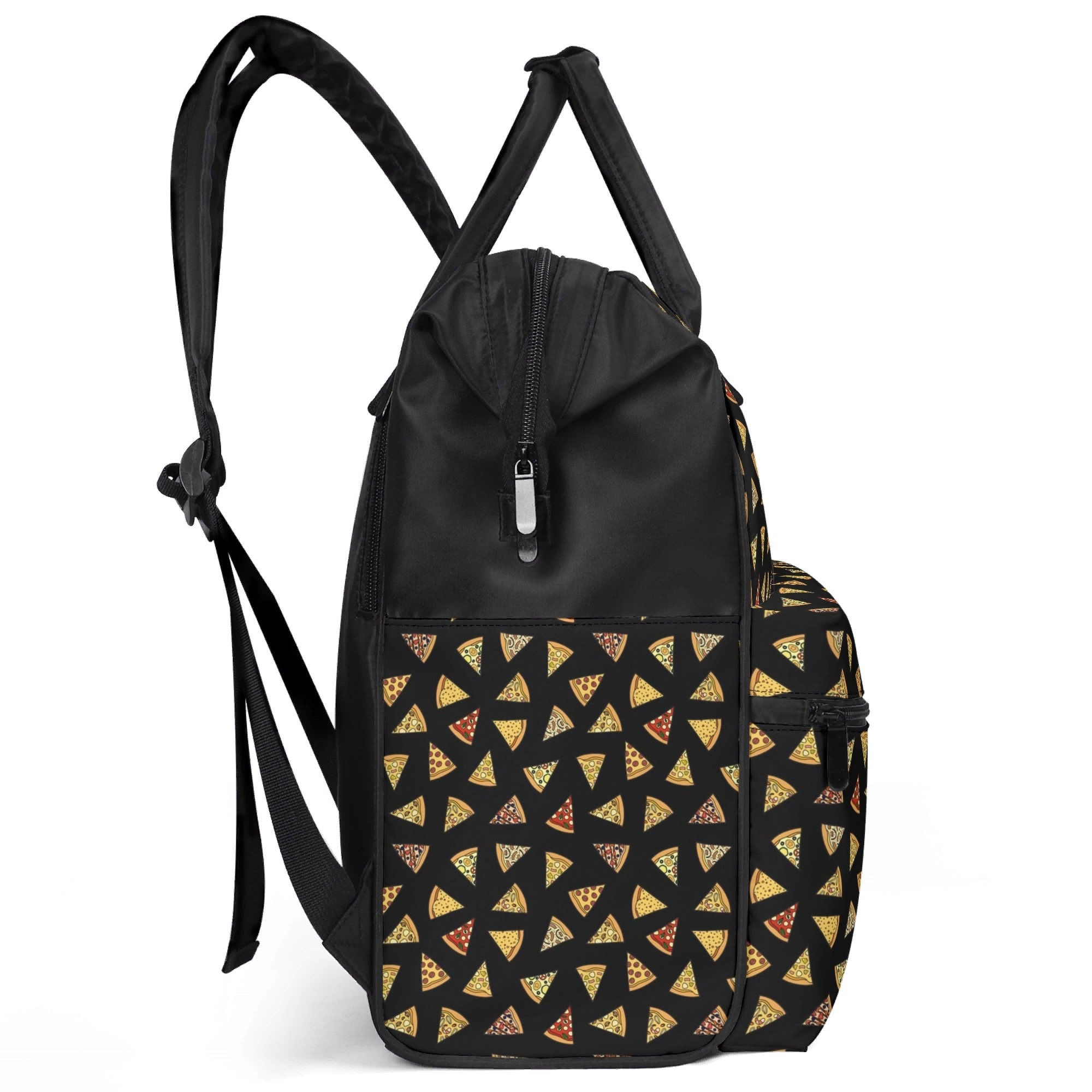 Pizza Slices On Black Multi Pocket Backpack Multi Pocket Backpack Food Printed Offshore