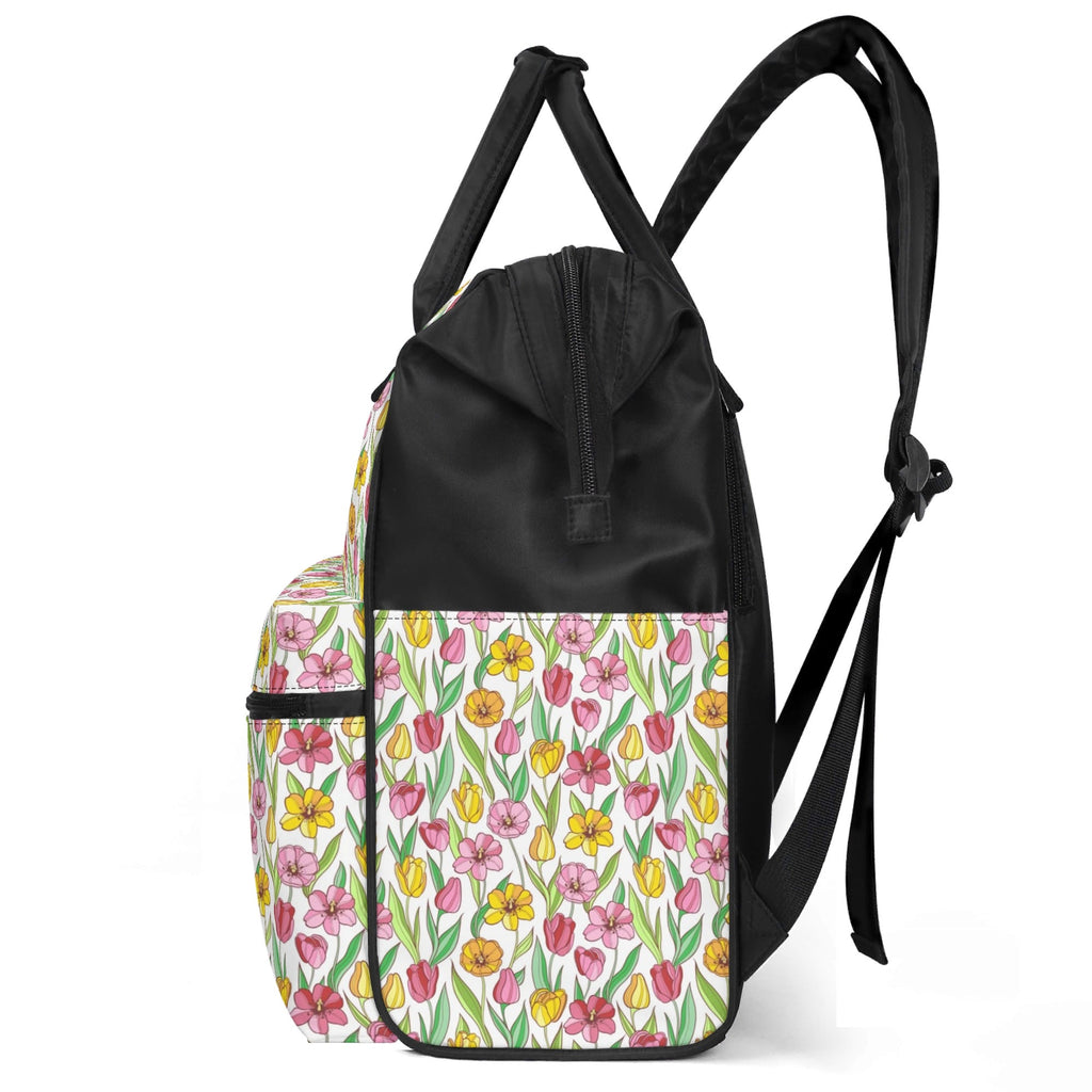 Pink And Yellow Floral Multi Pocket Backpack Multi Pocket Backpack Plants Printed Offshore