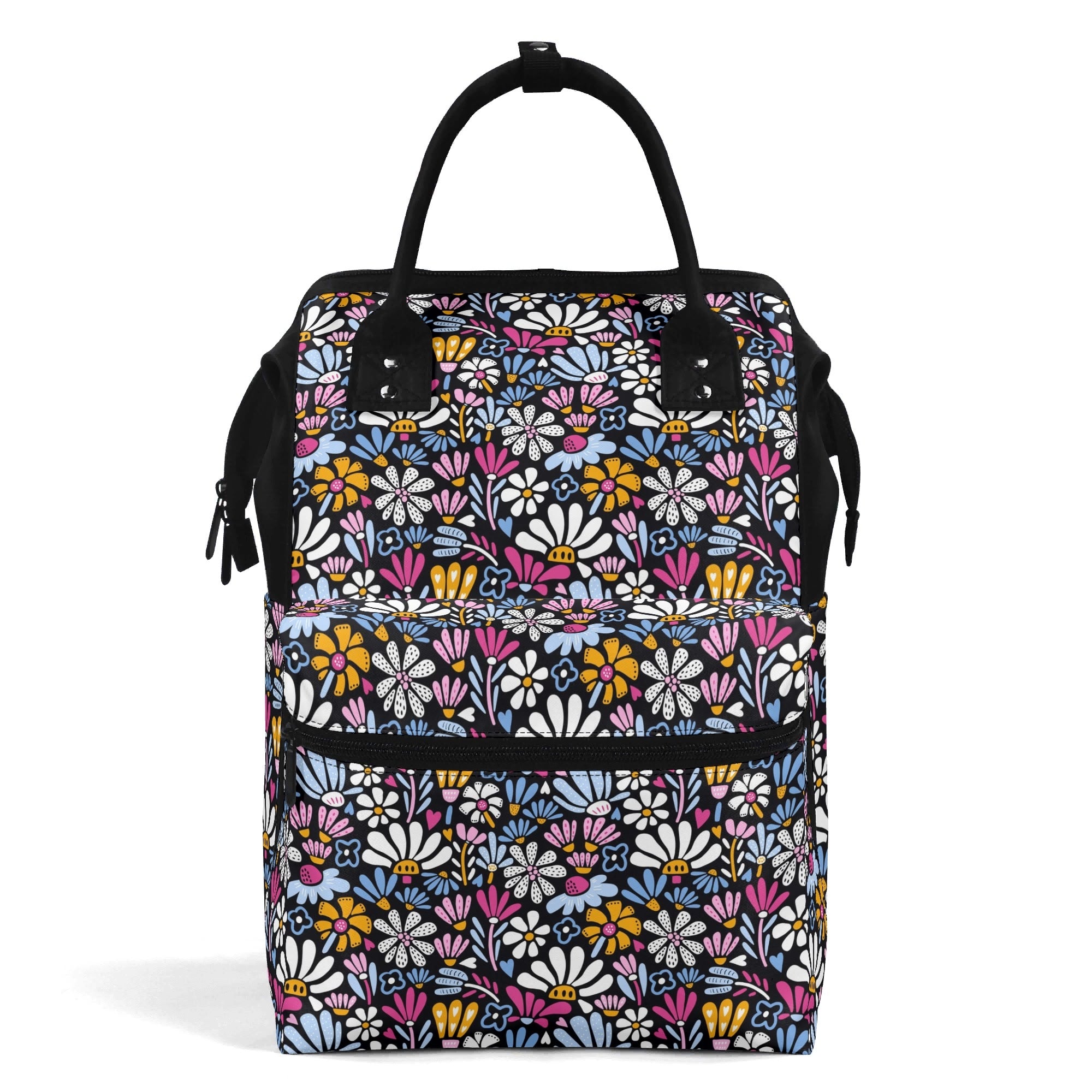 Graphic Flowers On Black Multi Pocket Backpack Default Title Multi Pocket Backpack Plants Printed Offshore