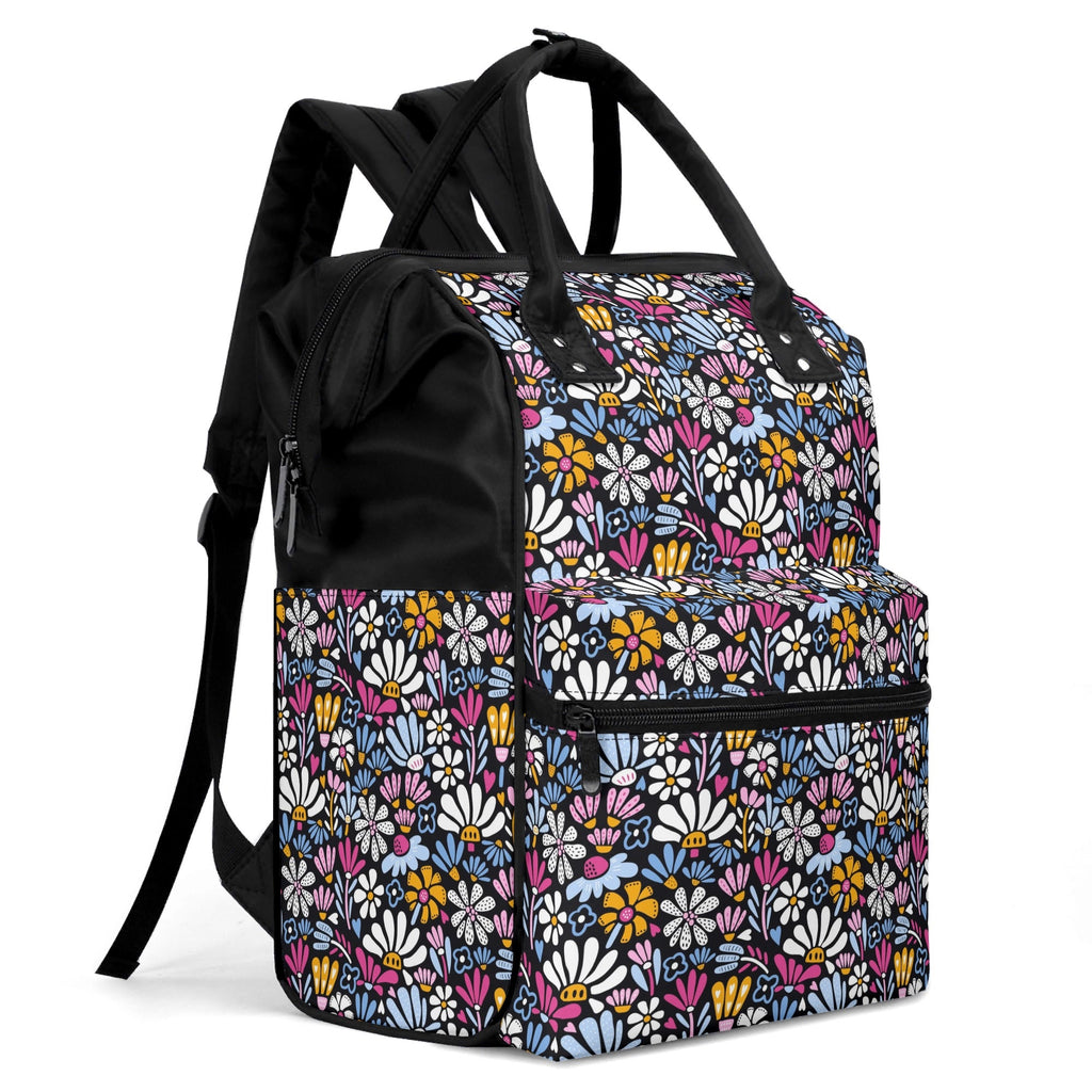 Graphic Flowers On Black Multi Pocket Backpack Multi Pocket Backpack Plants Printed Offshore