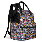 Graphic Flowers On Black Multi Pocket Backpack Multi Pocket Backpack Plants Printed Offshore
