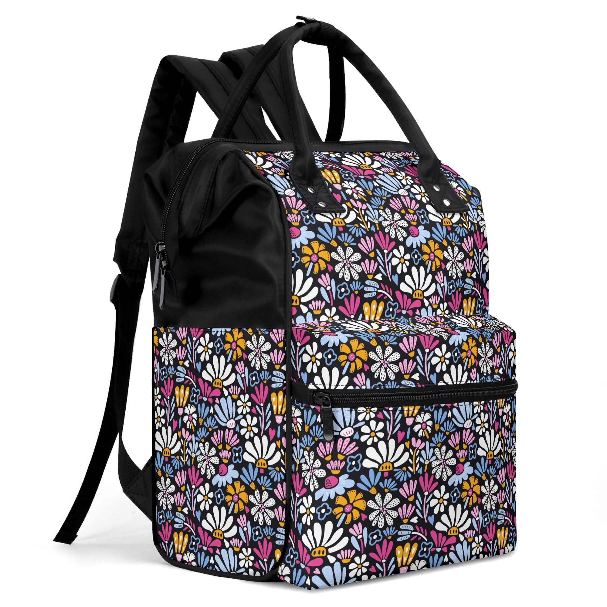 Graphic Flowers On Black Multi Pocket Backpack Multi Pocket Backpack Plants Printed Offshore