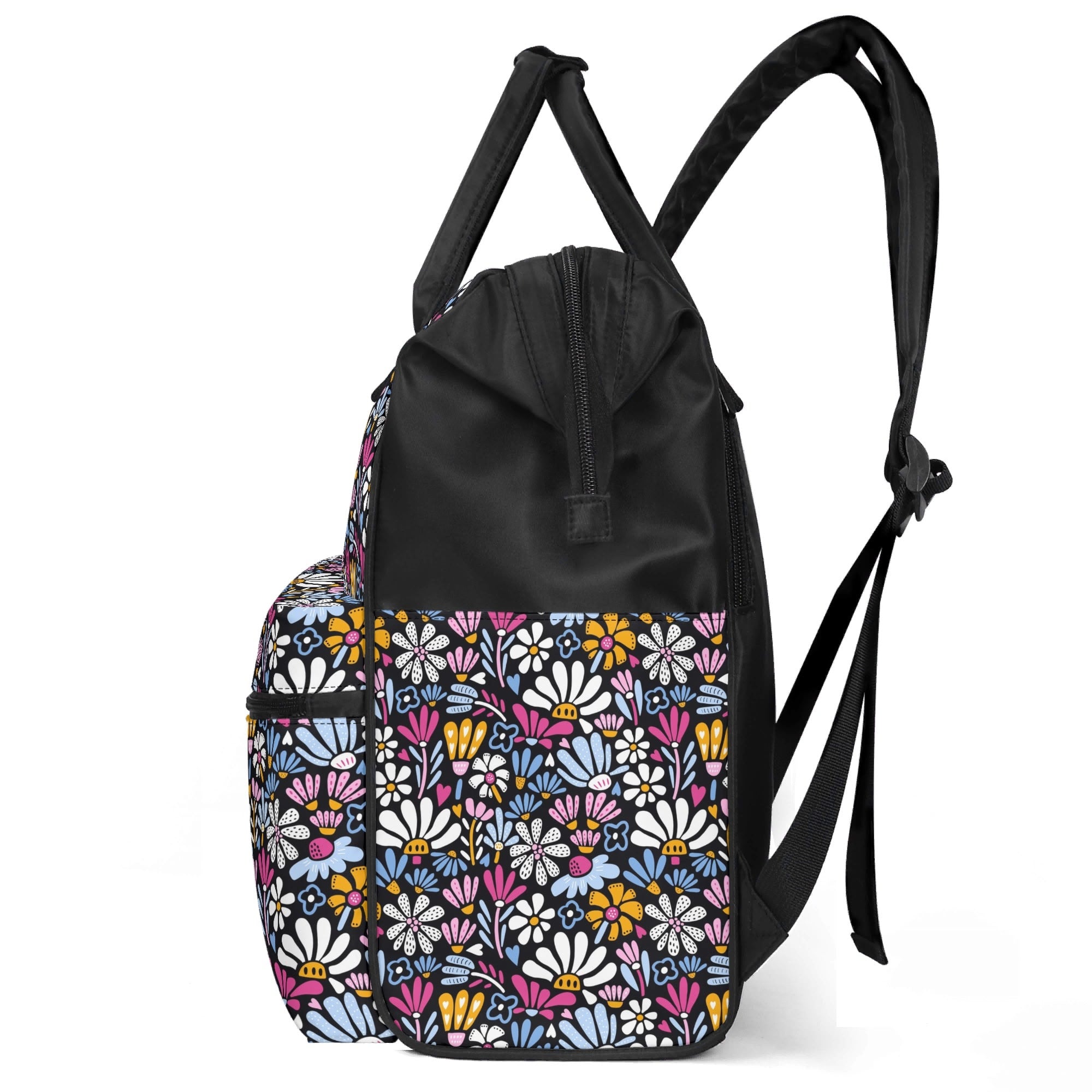 Graphic Flowers On Black Multi Pocket Backpack Multi Pocket Backpack Plants Printed Offshore