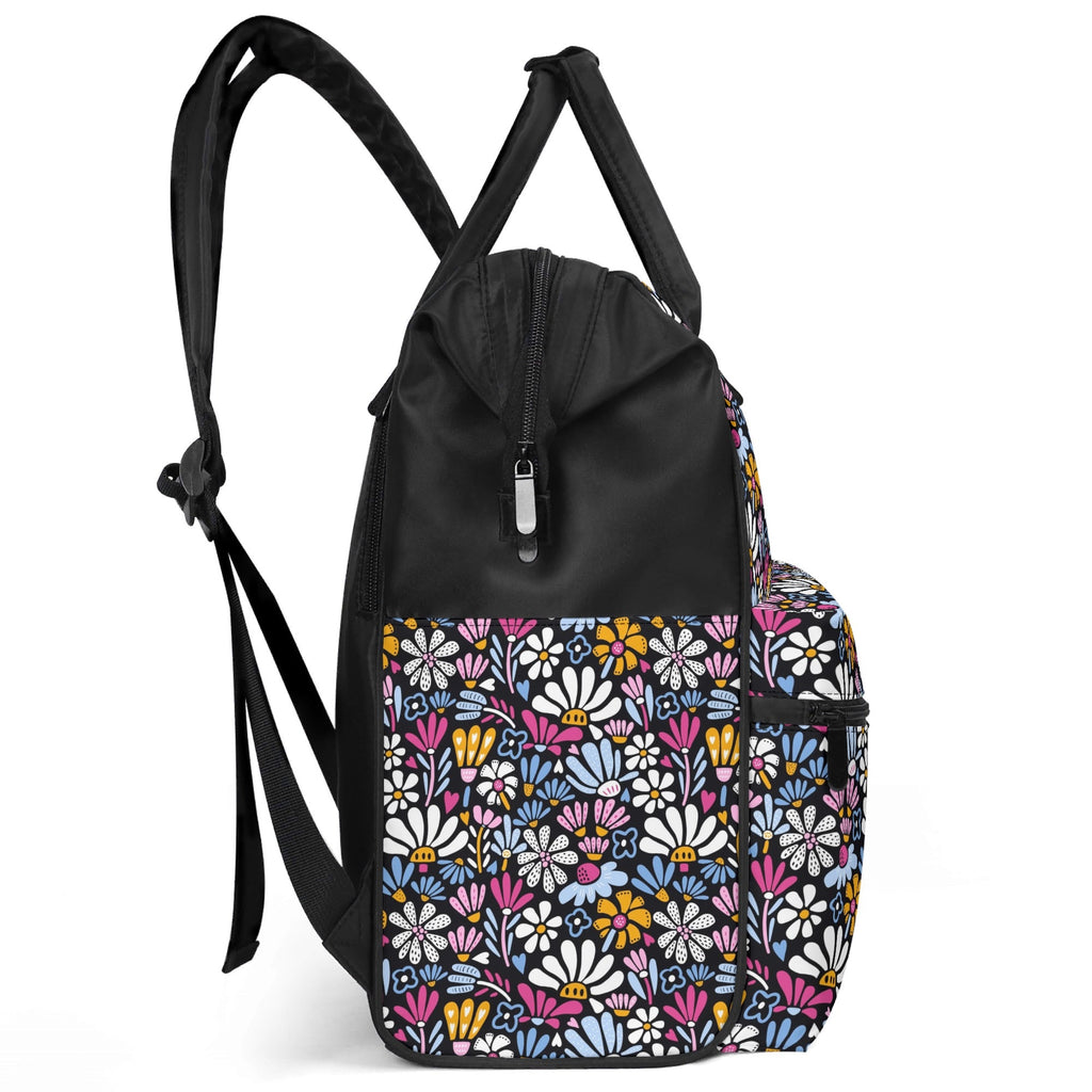 Graphic Flowers On Black Multi Pocket Backpack Multi Pocket Backpack Plants Printed Offshore