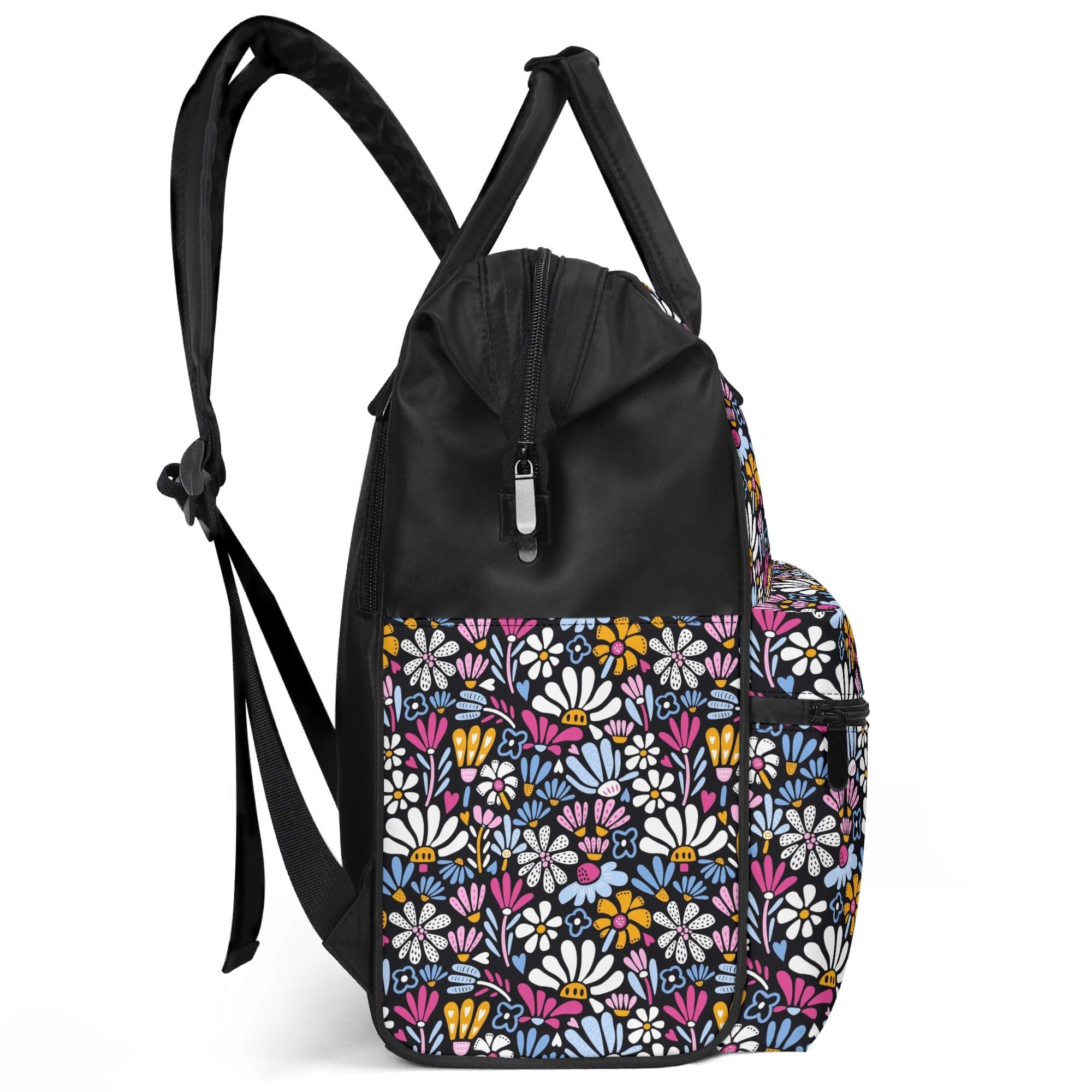 Graphic Flowers On Black Multi Pocket Backpack Multi Pocket Backpack Plants Printed Offshore