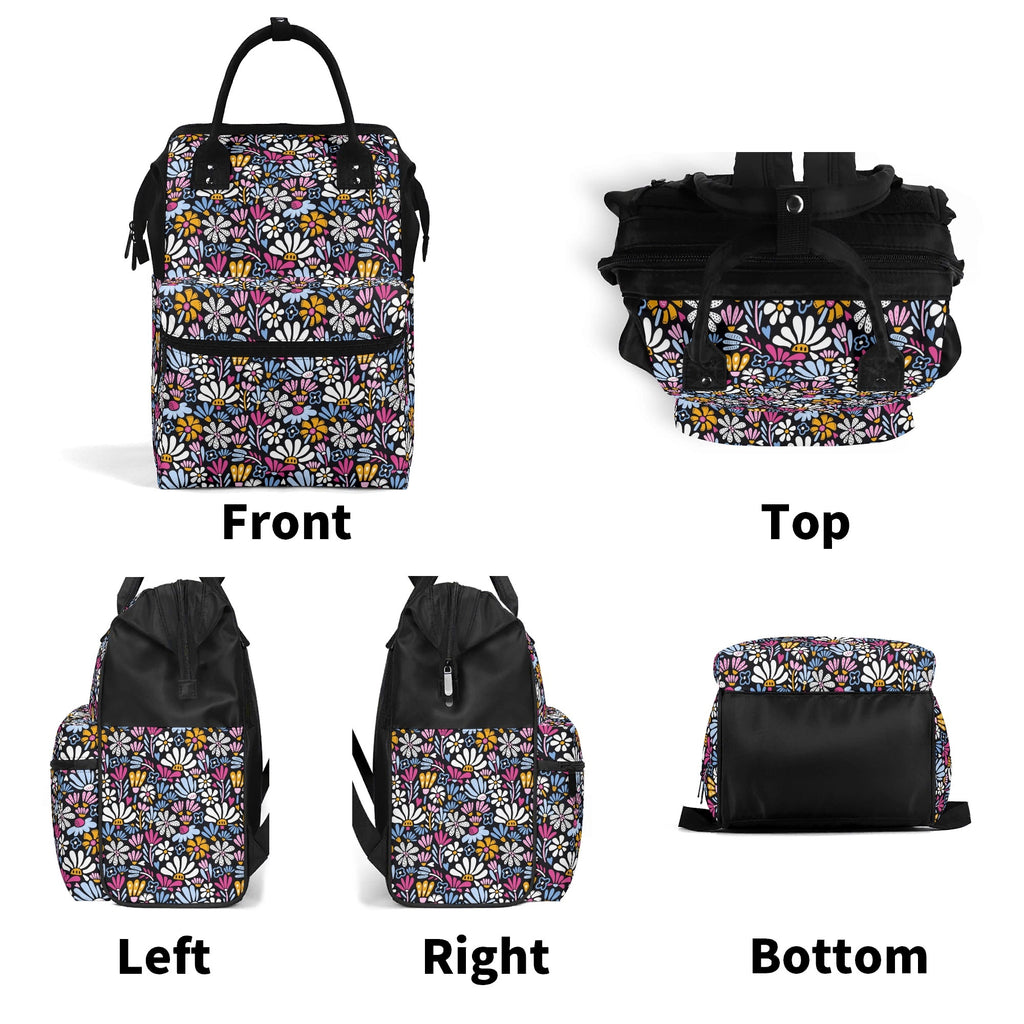 Graphic Flowers On Black Multi Pocket Backpack Multi Pocket Backpack Plants Printed Offshore