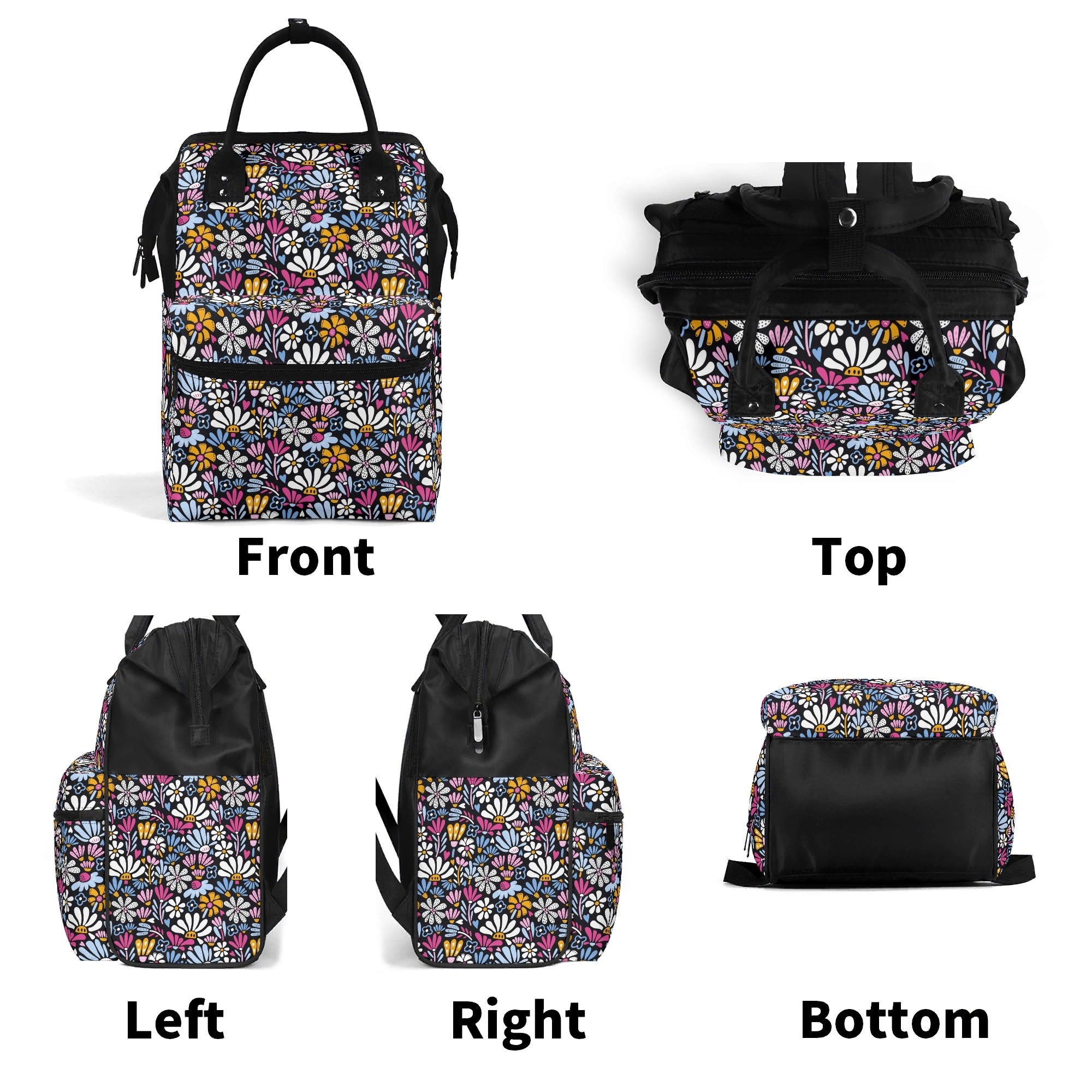 Graphic Flowers On Black Multi Pocket Backpack Multi Pocket Backpack Plants Printed Offshore