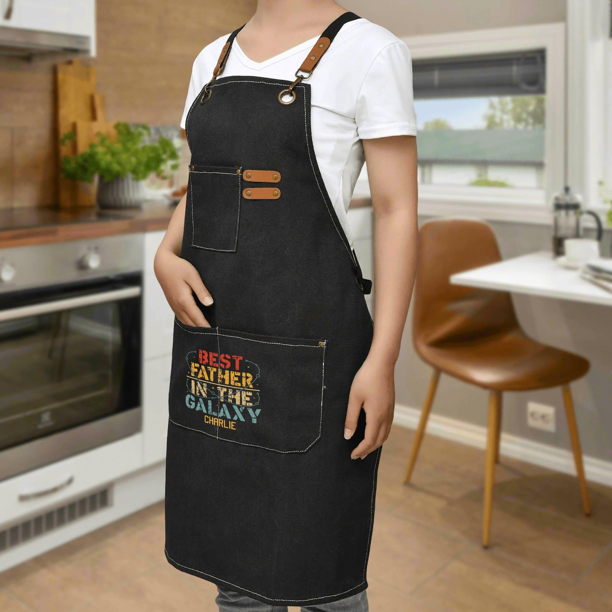 Personalised - Best Father In The Galaxy - Unisex Canvas Cross Back Chef Apron with Large Pockets Personalised Canvas Apron Dad Printed Offshore